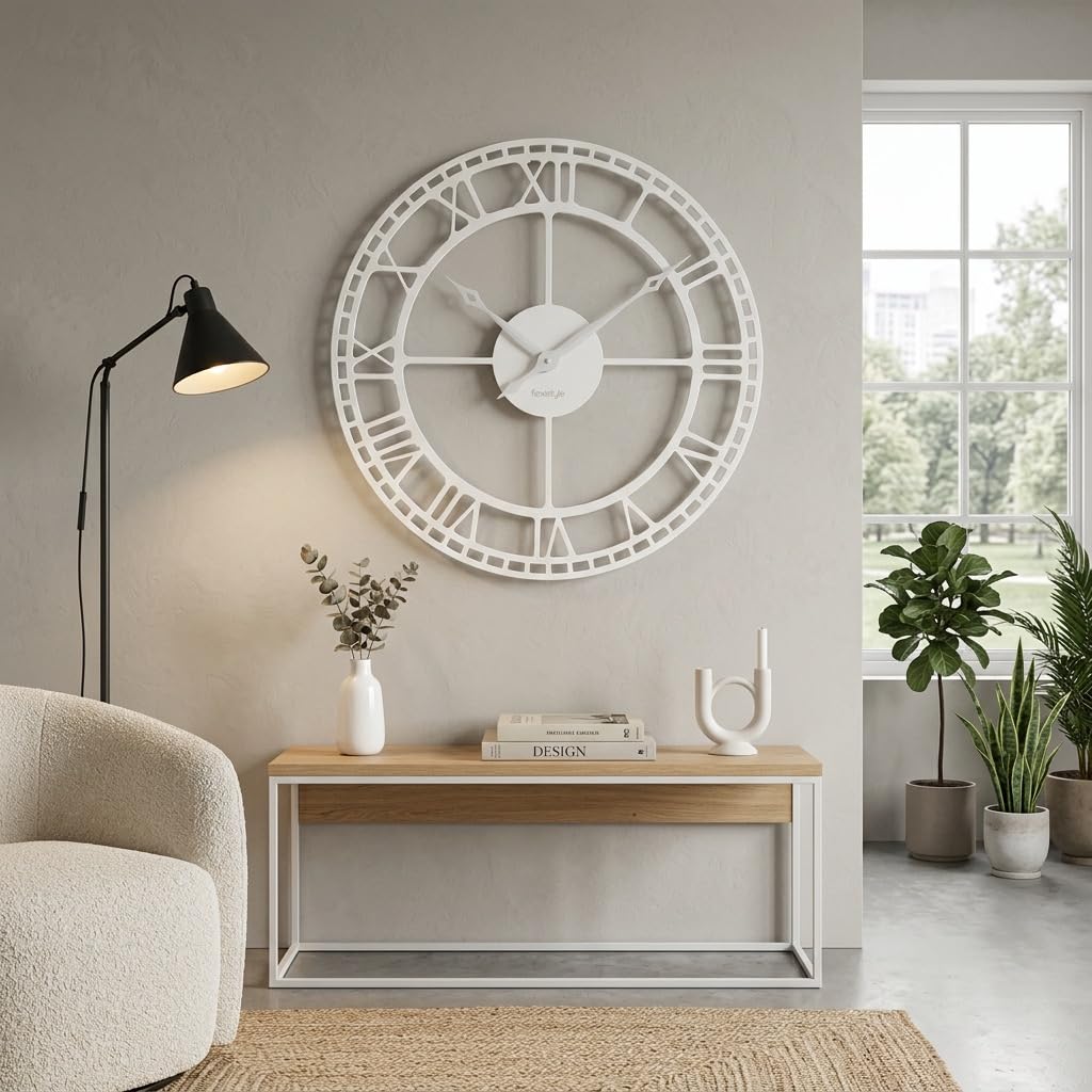 FLEXISTYLE Reloj de Pared Grande Vintage Retro XXL 80 cm diámetro Metal Industrial Negro Blanco Dorado (Blanco)