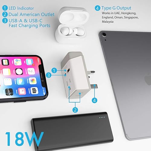 Miniatura 3 de Ceptics Adaptador de enchufe de Hong Kong, enchufe internacional con USB y USB-C - 2 enchufes de EE. UU., QC 3.0 y PD - Adaptador de salida tipo G
