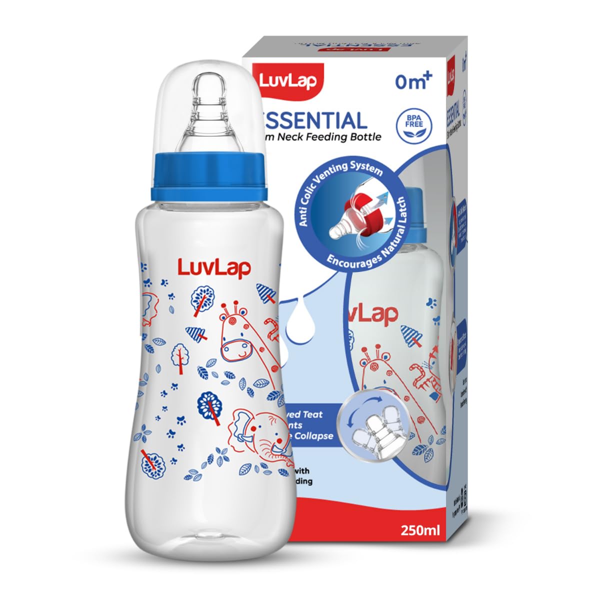 LuvLap Baby Essential Slim Neck Feeding Bottle, 250ml, Jungle Tales, with anti Colic Nipple, New Born / Infants / Toddler upto 3 years, BPA Free, , Blue-image-26