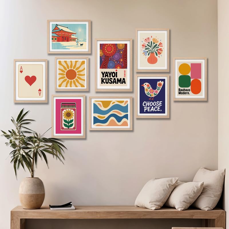 Image of NoWorries Gallery Wall Painting Set of 9 with Frame | Japanese Temple, Ace Card, Sunflower Matchbox, Flower Vase, Peace Bird, Bauhaus Abstract & Colorful Modern Artwork for Living Room, Bedroom, Office and Home Decor (Art-11, Frames Size- 10x13,10x10 inches)