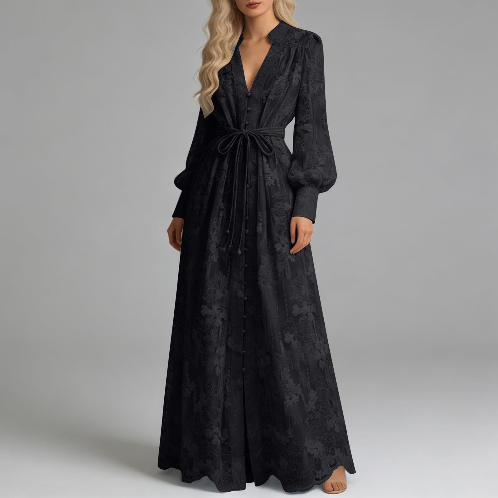 Generisch Abito da sera da donna con ricamo, maxi abito a maniche lunghe, con cintura, maniche a campana, abito da cocktail a vita alta, abito da festa, abito da ballo, abito casual