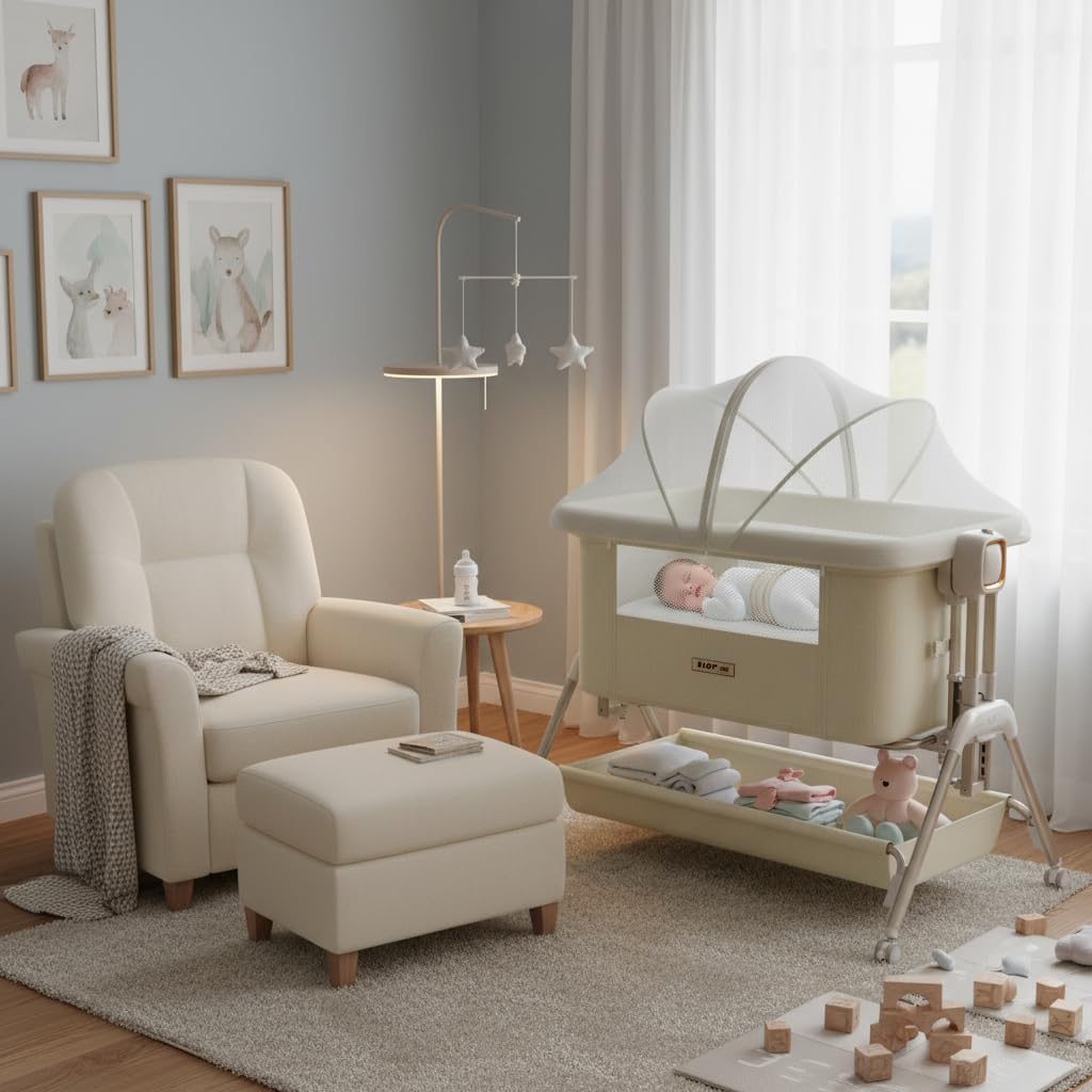 3-in-1 Baby Bassinet Baby Crib Bedside Crib with Mattress, Breathable Mesh Rocking Bassinet, 6-Height Adjustable Baby Bed & Bedside Sleeper for Newborn Infant, Lockable Wheels & Storage Baske