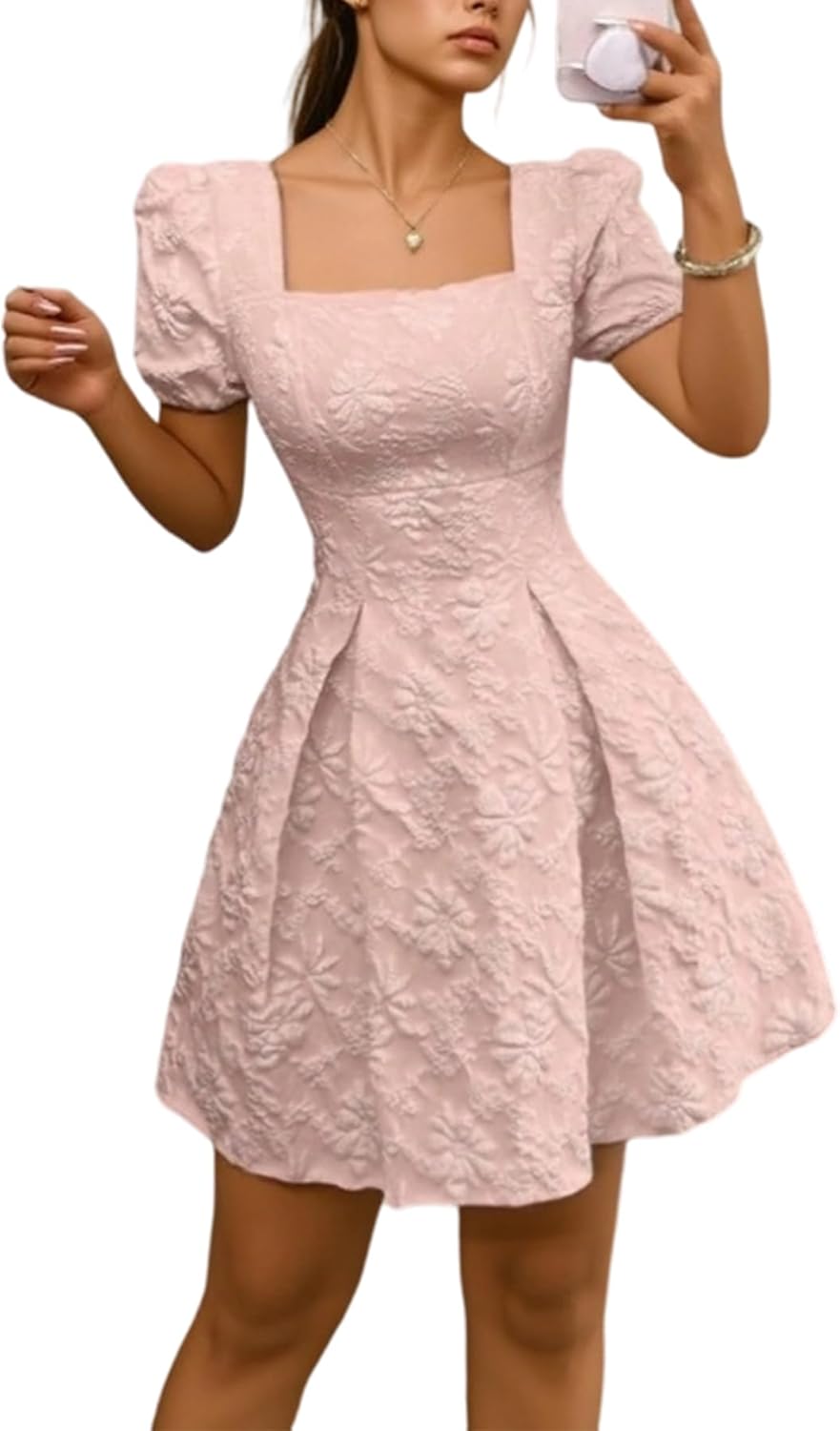 Women's Floral Square Neck Dress Puff Sleeve Ruffle Hem A Line Boho Print Elegant Mini Dresses