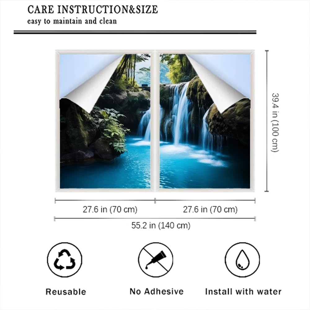 Rustic Waterfall Window Film Coverings Summer Natural Pond Modern Plants Window Privacy Film Self-Adhesive Glass Film Decorative Sticker Frosted Film for Home Office 27.6Wx39.4L-inch x2 Pcs