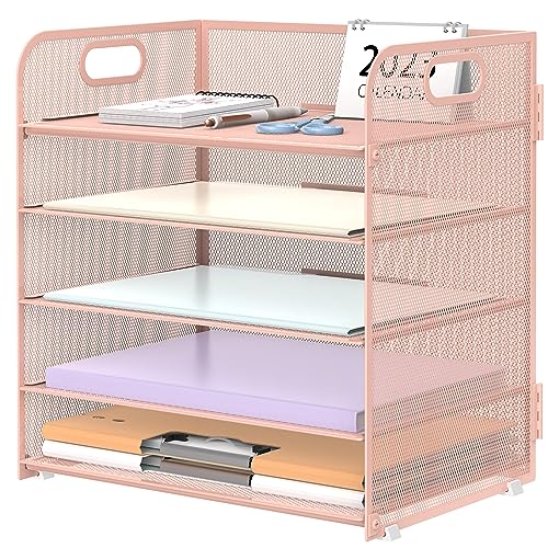 Image of Supeasy 5 Trays Paper Organizer Letter Tray with Handle-Mesh Desk File Holders, Paper Sorter Desk Organizer for Office, Home, Classroom or School, Pink