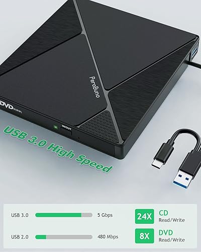 Miniatura 4 de PeroBuno Unidad externa de CD y DVD, unidad de disco óptico USB 3.0, 4 puertos USB y 2 ranuras para tarjetas TFSD, grabadora de CD y DVD,