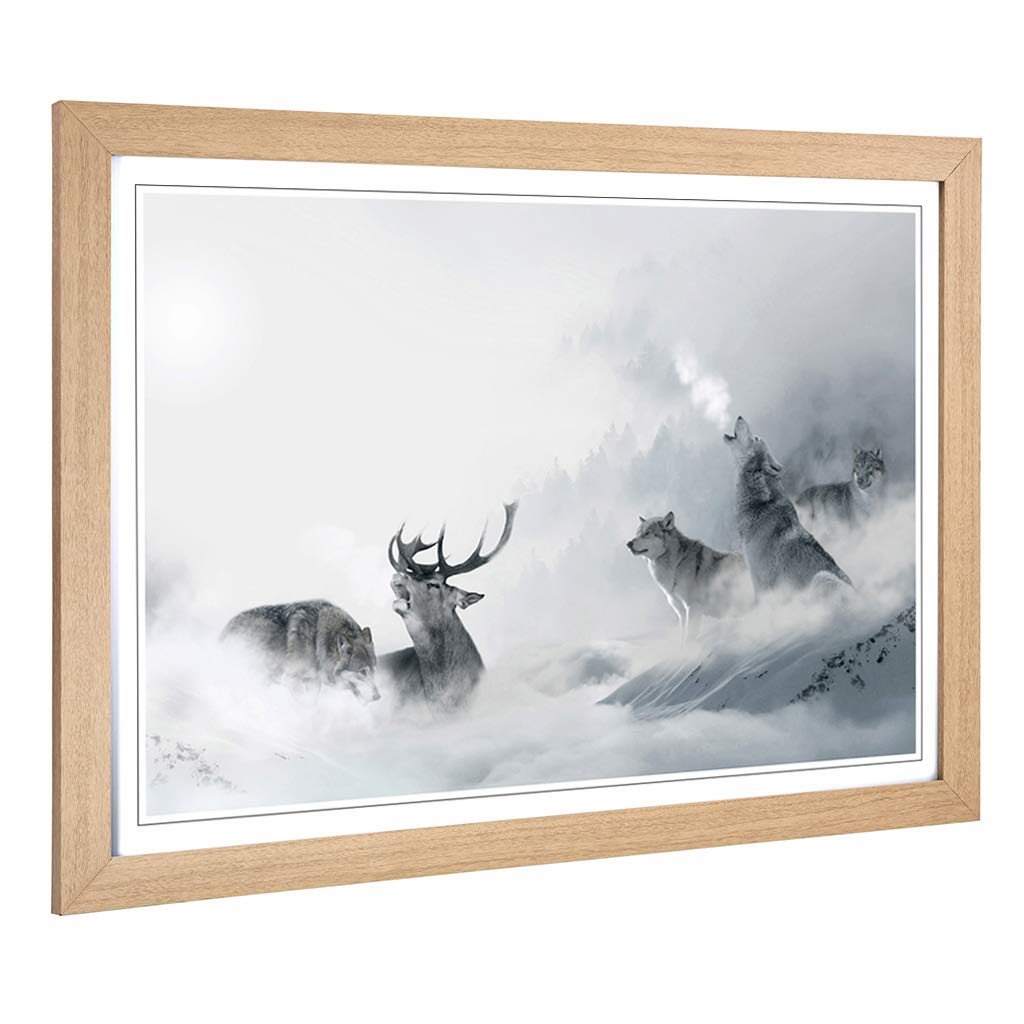 Big Box Art Framed Print of Wolves and Stag Deer Forest Landscape Design | Wall Art Picture | Home Decor for Kitchen, Living Room, Bedroom, Hallway, Oak, A2 / 24.5x18 Inch / 62x45cm