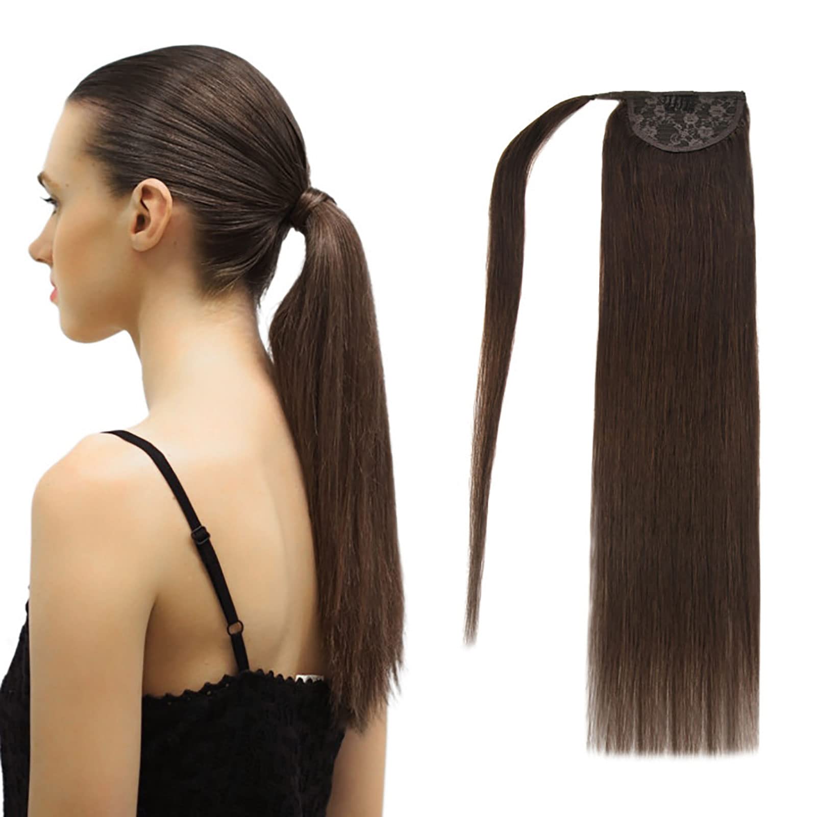 Vlasy Ponytail Extension Human Hair,16inch 70g Pony Tails Extensions Human Hair,Clip in Wrap Around Real Human Hair Ponytail Extensions,Long Straight Hair Extensions Ponytail(4#)