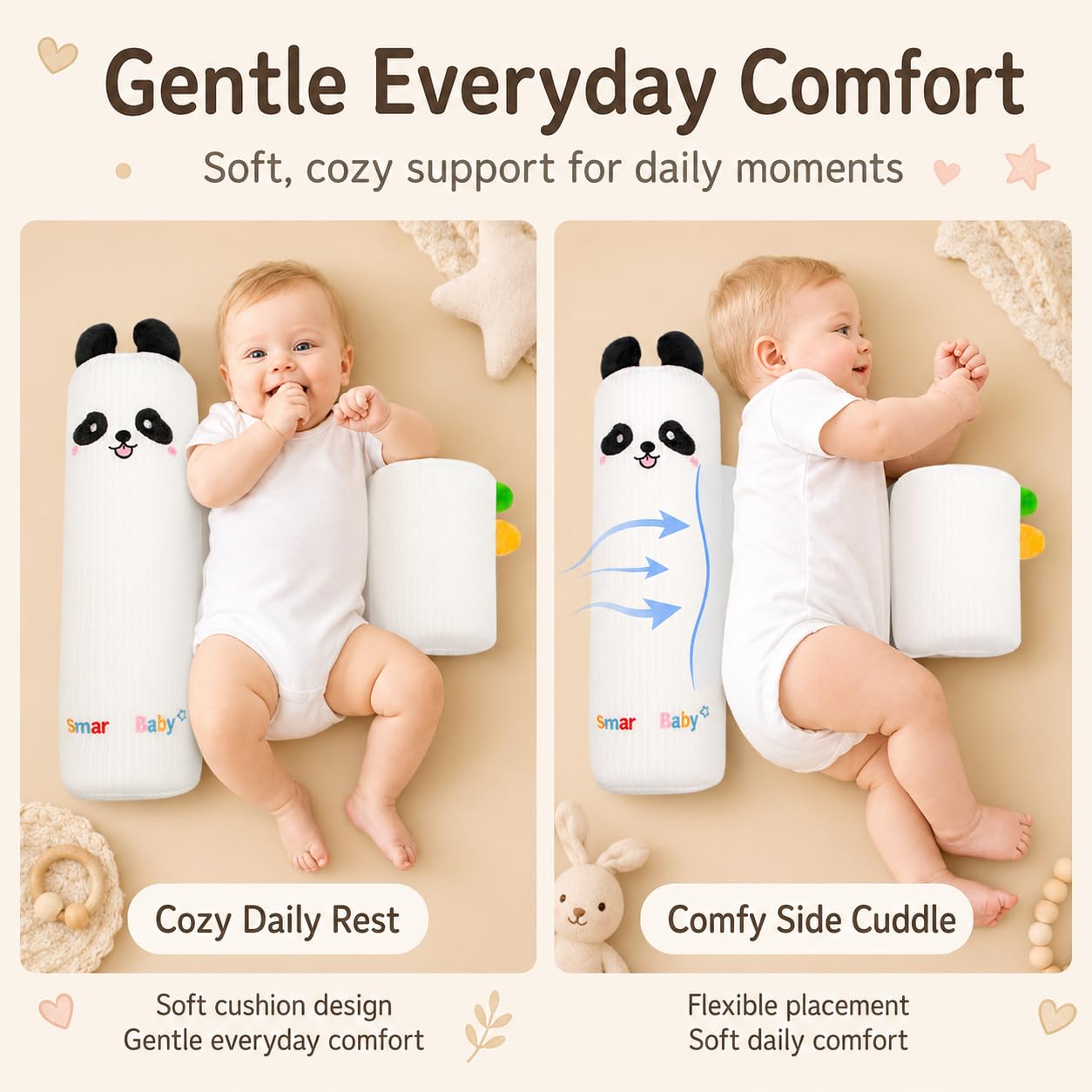 Cale Réglable pour Bébé, Oreiller Ultra-Doux Respirant de Maintien pour Lit avec Bande Ajustable, Motif Panda oTigre（Panda）