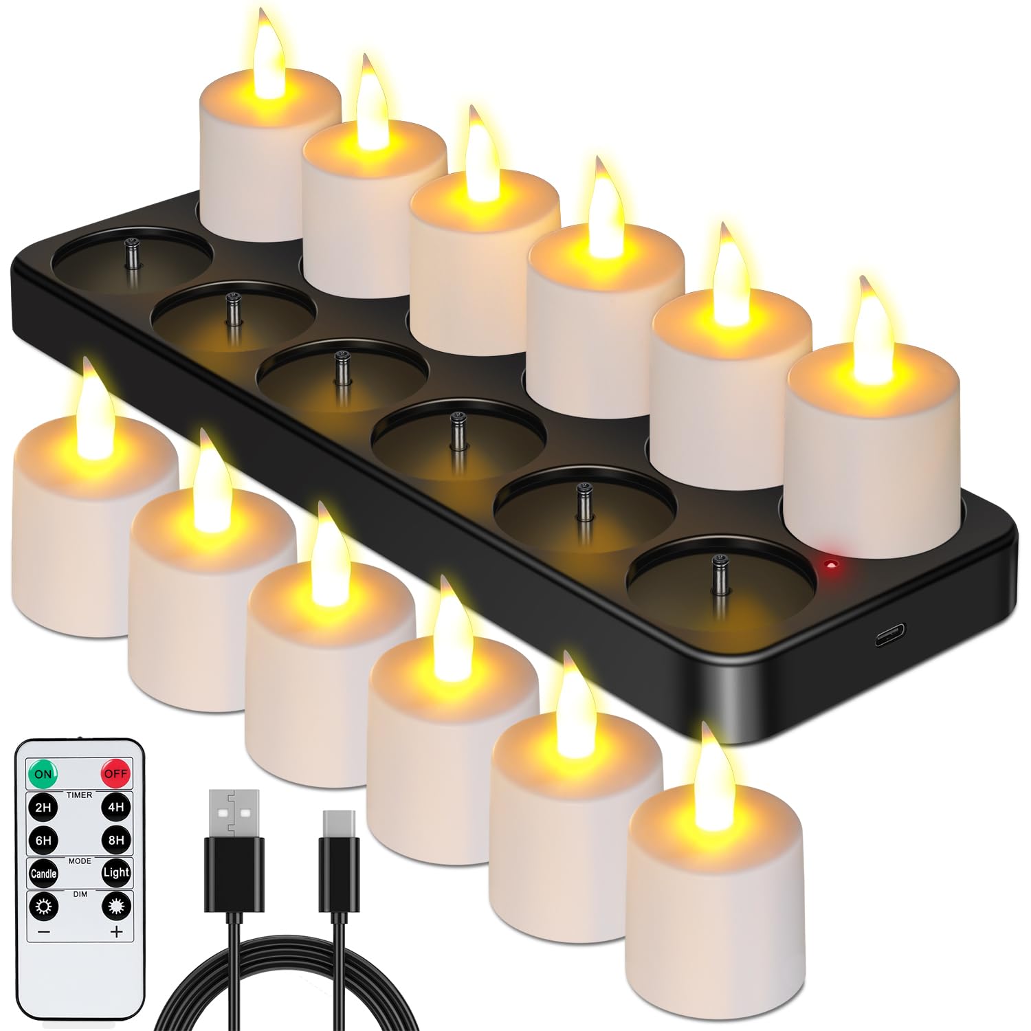 Esup Rechargeable Tea Lights Candles 12pcs Flameless Flickering Candles with Remote Control Timer & Charging Base, Decoration Parties, Weddings, Bar, Family, Dinner Outdoor Picnic-image-21