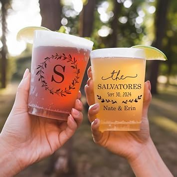 50pcs Personalized Frosted Wedding Cups, Custom Disposable Cups, Shatterproof Plastic Cups, Modern Wedding Cups, Party Cups, Bridal Shower Cups 12oz
