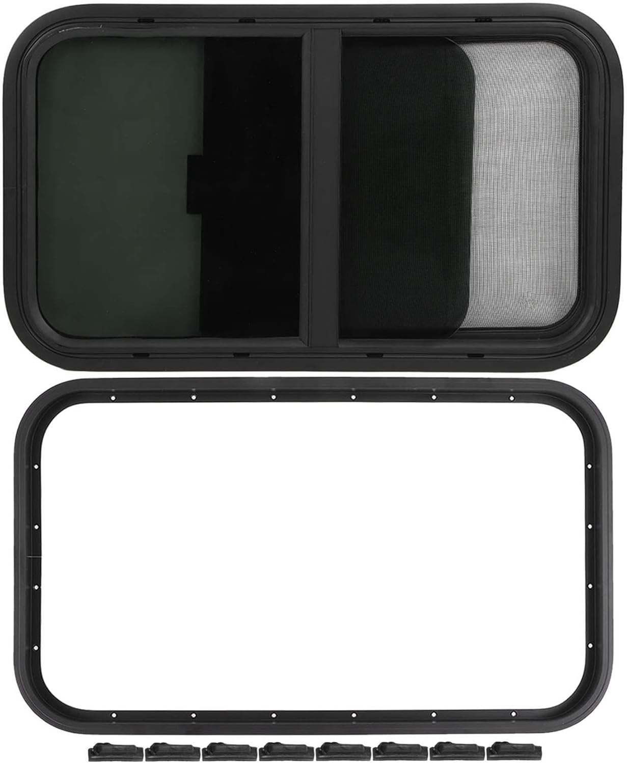 JEOZBM RV Window, 27.5X15.7In Aluminum Alloy Rounded Corners Window, Sealed Push Out Trailer Window Replacement with Screen for RV Vehicles