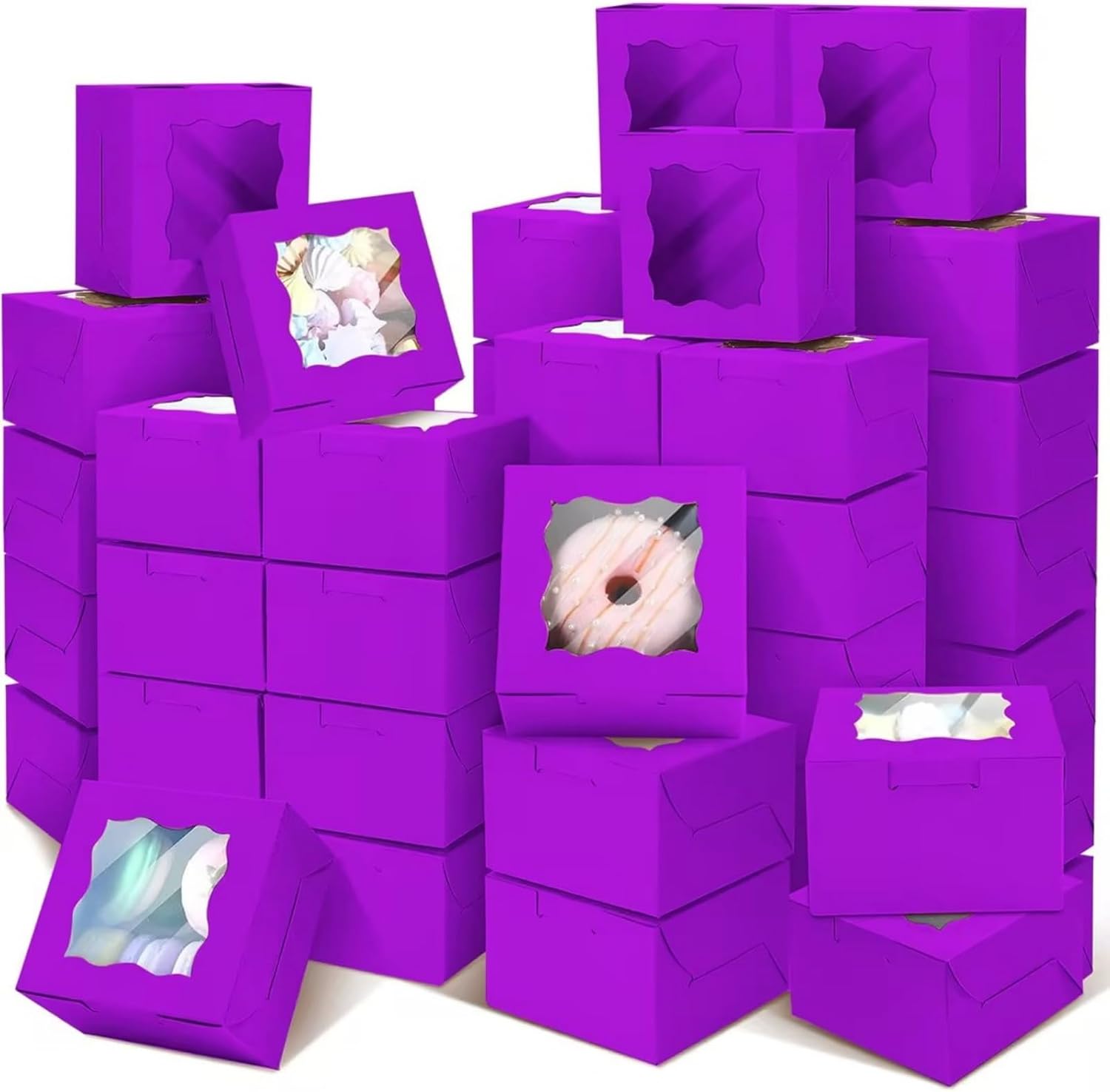 100 Pack Bakery Boxes with Window, 4" x 4" x 2.5" Kraft Paper Pastry