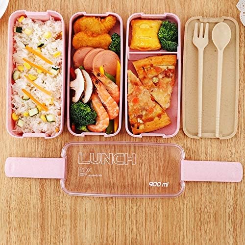 900ml Healthy Material Lunch Box 3 Layer Wheat Straw Bento Boxes Microwave Dinnerware Food Storage Container Lunchbox (Pink)
