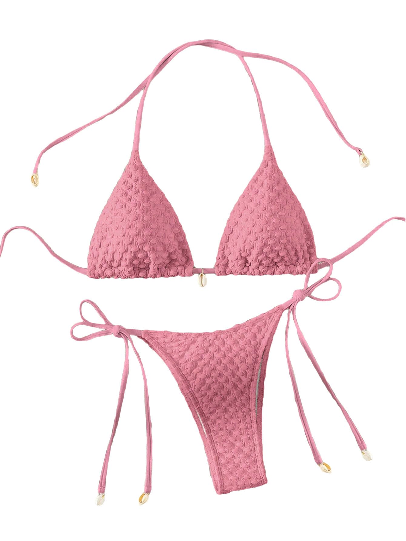 Verdusa Women's 2 Piece Triangle Bathing Suit Halter Tops Tie Side Thong Bikini Swimsuits