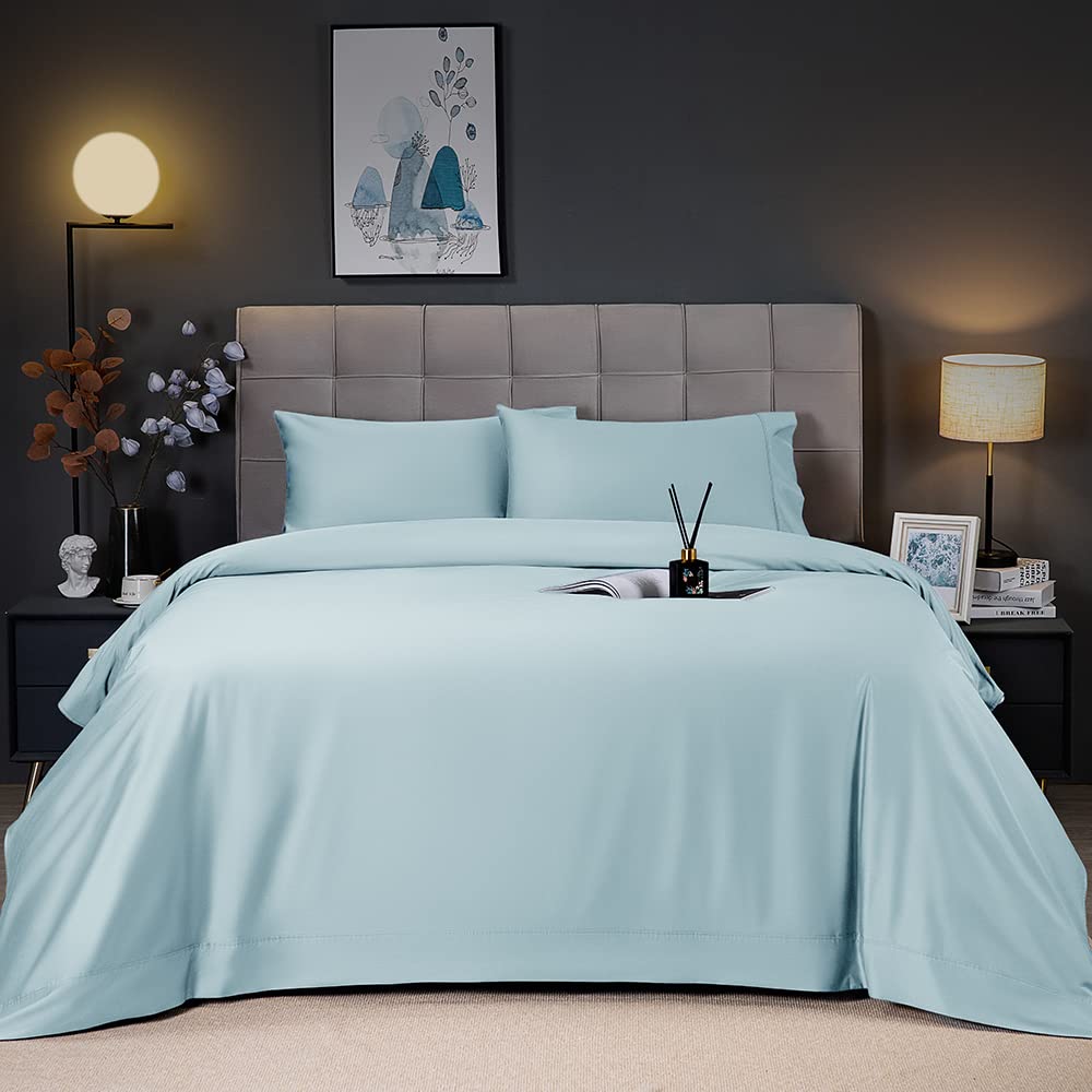 Shilucheng Cooling Breathable Bamboo_ Bed Sheets Set - King Size,1800 Thread Count Super Silky Soft with 16 Inch Deep Pocket, Machine Washable, 4 Piece (King,Spa Blue)