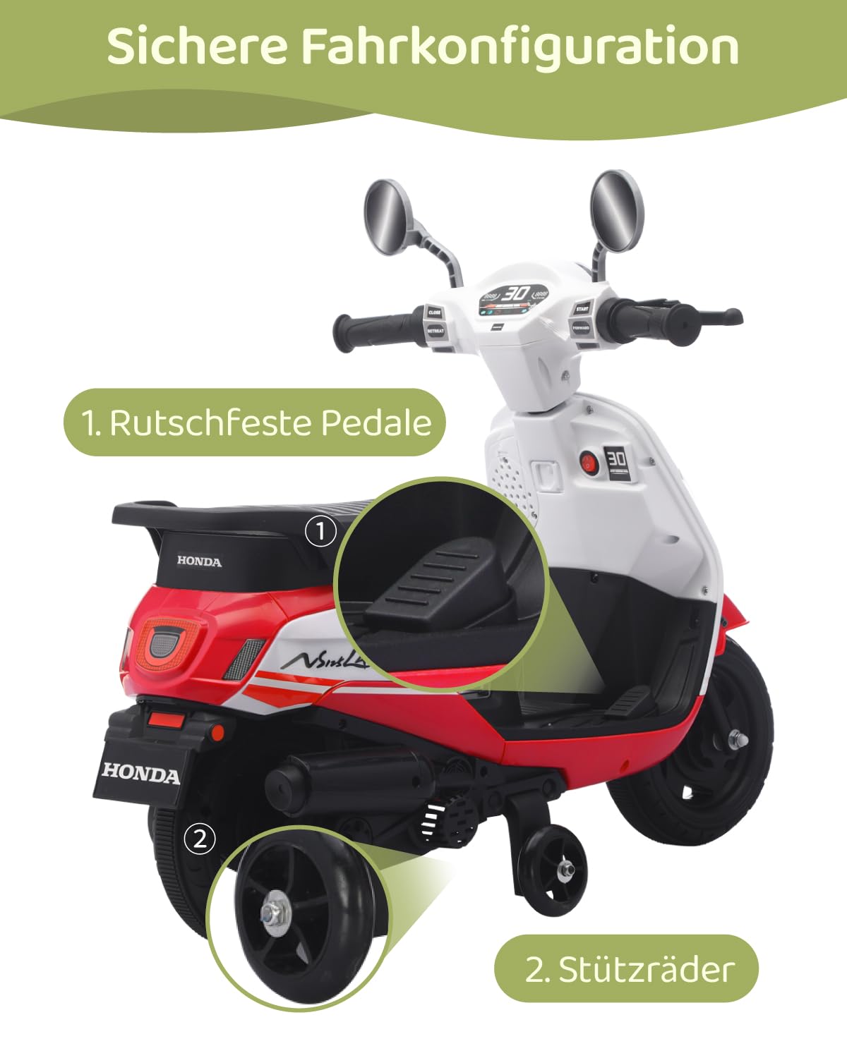 TCARAIWEN Kinder Motorrad Elektrisch, 6V Kindermotorrad für 1-3 Jahre, Elektro Moped für Kinder mit Stützrädern, 3 km/h Sicherer Mini Roller, Musik & Scheinwerfer (Rot)