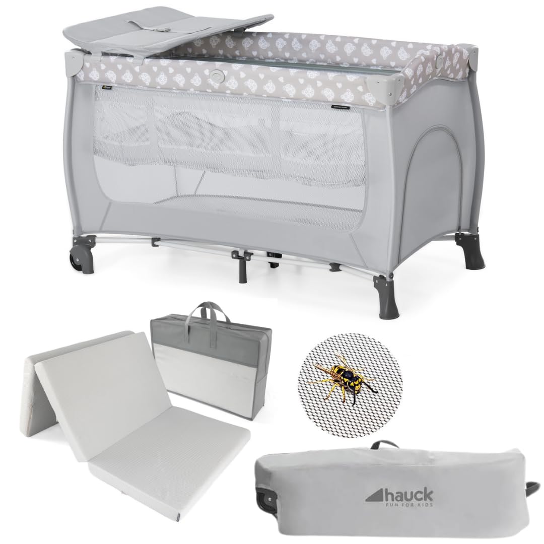 hauck Sleep N Play Center Set Cuna de Viaje Bebe – Teddy Grey | Con colchón, mosquitera, cambiador y elevador recién nacido | Parque infantil plegable y bolsa