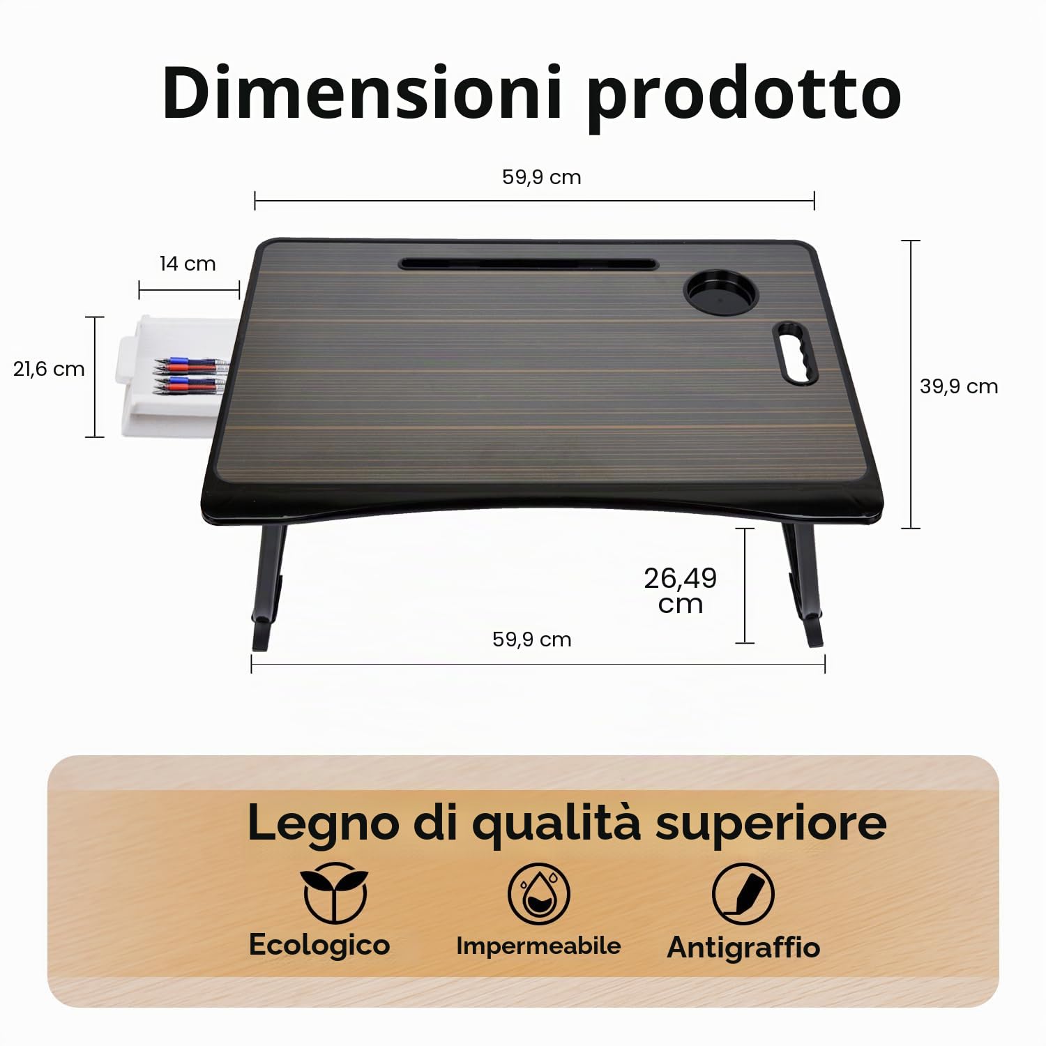 Amaredom - Vassoio da Scrivania per Computer Portatile, Pieghevole, Portatile, Supporto da Lettura con Cassetto e Portabicchieri, per Mangiare La Colazione sul Letto/Divano/Divano - Nero