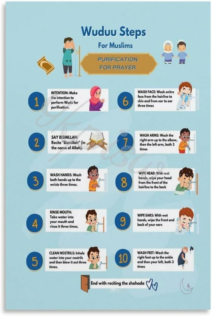 Islamic Educational Muslim Wudu Step by Step Chart Guide Kids Learning Poster (4) Canvas for Bedroom Living Room Decor (08x12inch(20x30cm), Unframe-style)
