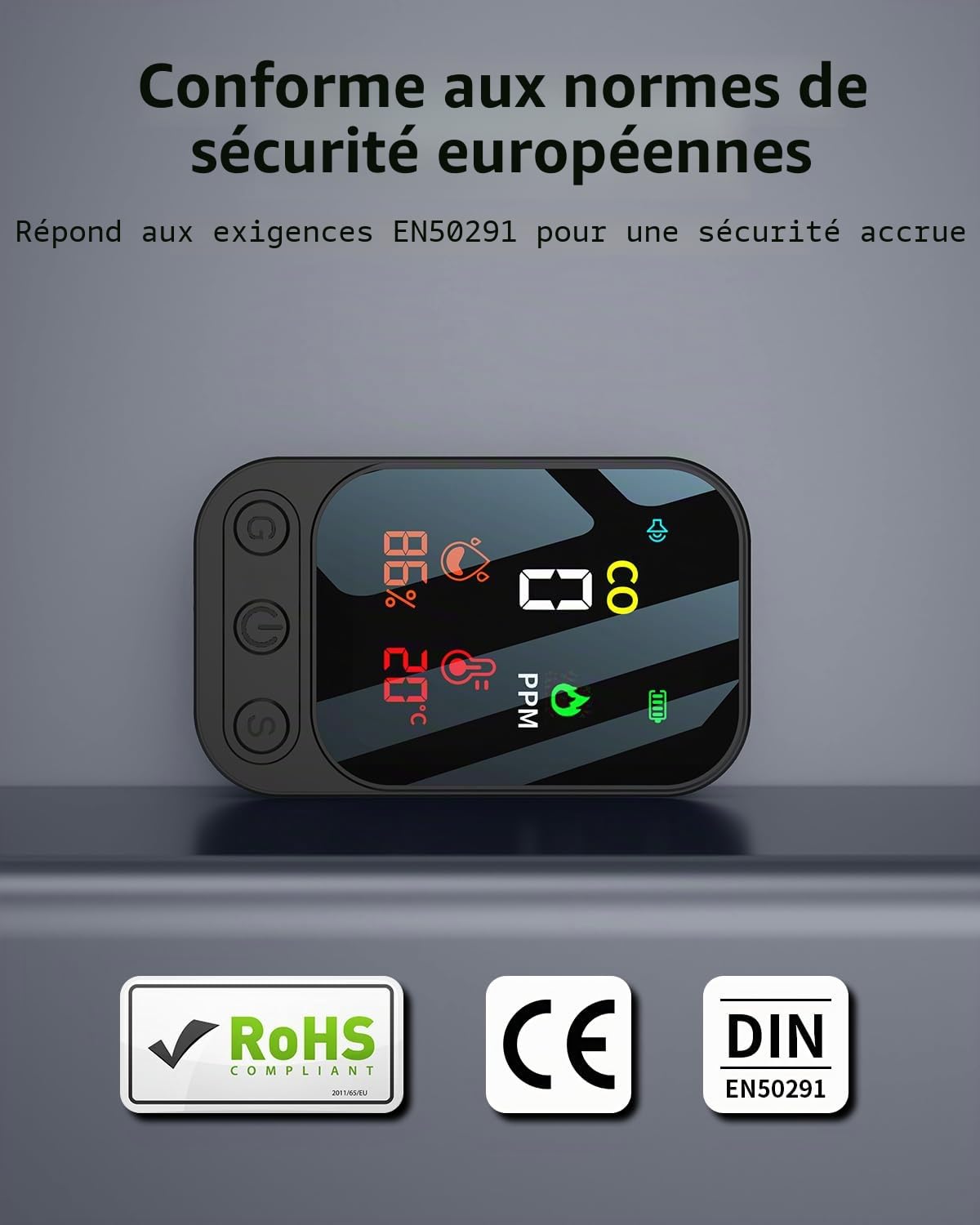 Détecteur de monoxyde de carbone portable 3 en 1, détecteur de monoxyde de carbone rechargeable avec affichage de la température et de l'humidité, portable pour la maison, la caravane, le