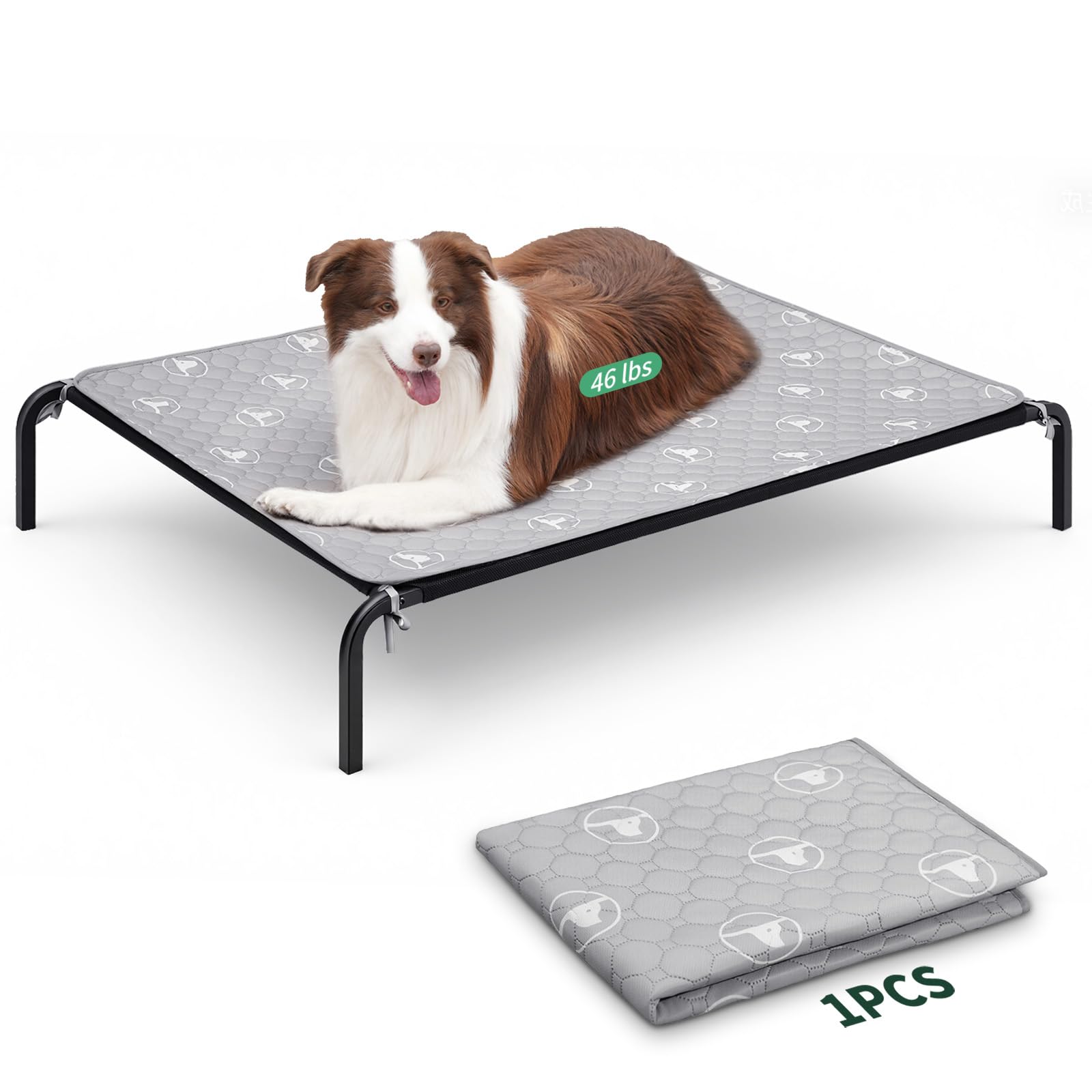PJYuCien Elevated Dog Bed with Pad for Large Dogs, 48'' Raised Cooling Dog Cot with Breathable Mesh & Absorbent Pee Pad, Sturdy Frame, Non-Slip Feet, Indoor & Outdoor Use