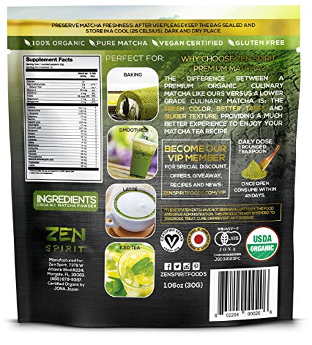 Matcha Green Tea Powder Organic - Japanese Premium Culinary Grade, Unsweetened & Sugar Free - USDA & Vegan Certified - 30g (1.06 oz) - Perfect for Baking, Smoothies, Latte, Iced tea & Weight Loss.