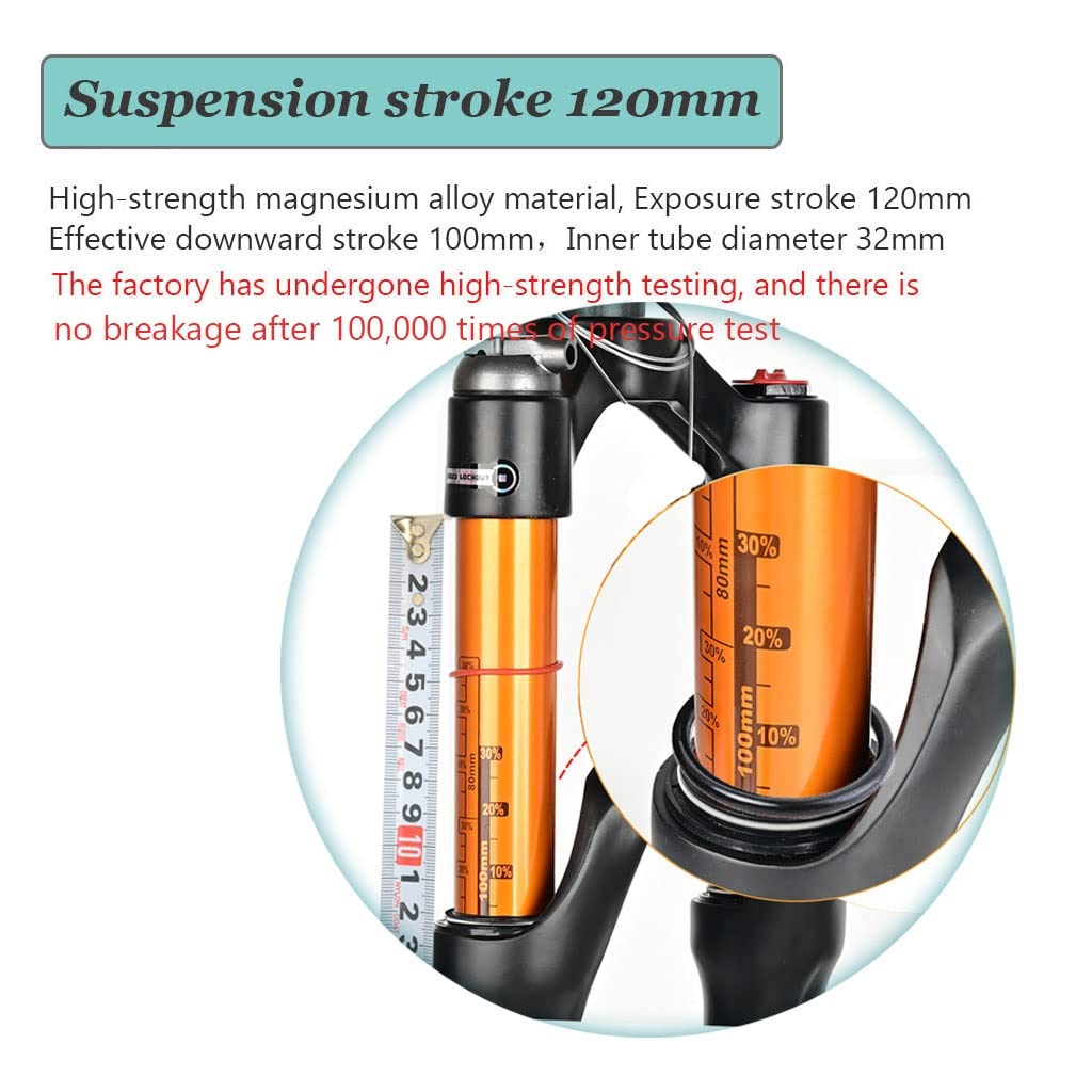 Horquilla Delantera Ultraligera para MTB de 26 Pulgadas, 27,5 Pulgadas, 29 Pulgadas de Recorrido, 120 mm, Amortiguador de aleación de Aluminio, Ajuste de Rebote de 1-1/8 Pulgadas.