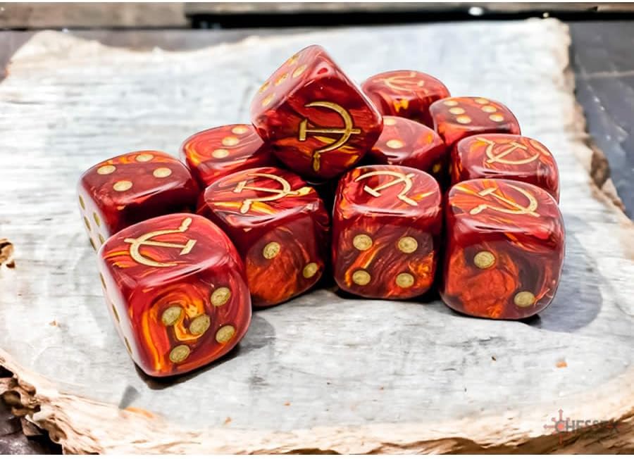 Scarlet Scarab Soviet Union War Dice with Gold Colored Pips 16mm (5/8in) Pack of 12 Chessex
