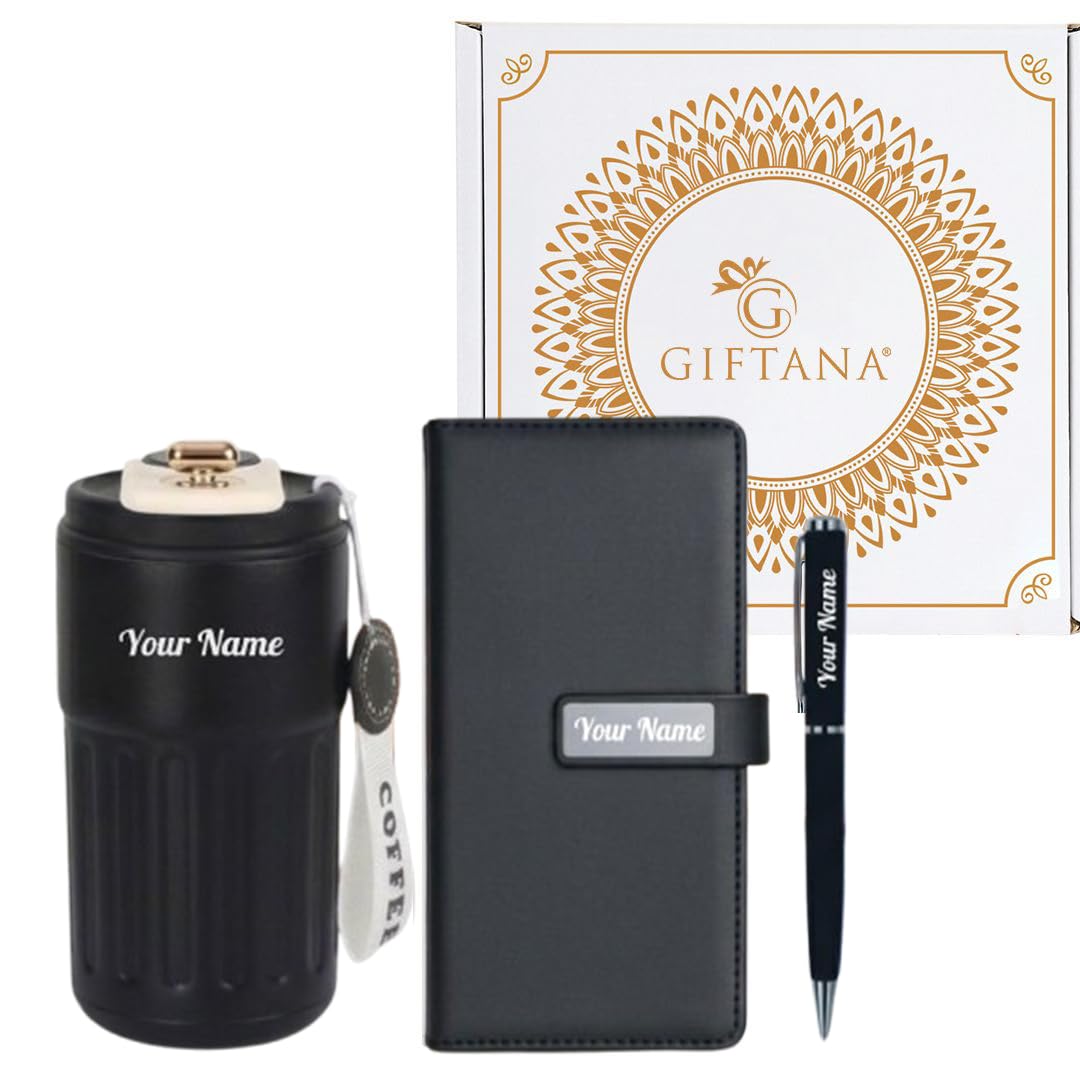 Giftana Personalized Diary with Pen, Coffee Tumbler with Name, 3 in 1 Diary, Pen, Tumbler, Personalized Gifts for Husband Birthday, New Year Corporate Gifts for Employee (Black 4)