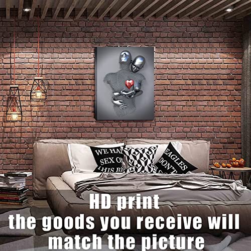Canvas Wall Art For Bedroom Framed 3D Metal Sculpture Effect Love Heart Wall Art Decor For Living Room Couple Modern Abstract Poster Artwork Pictures Paintings For Home Hotel #TOP3