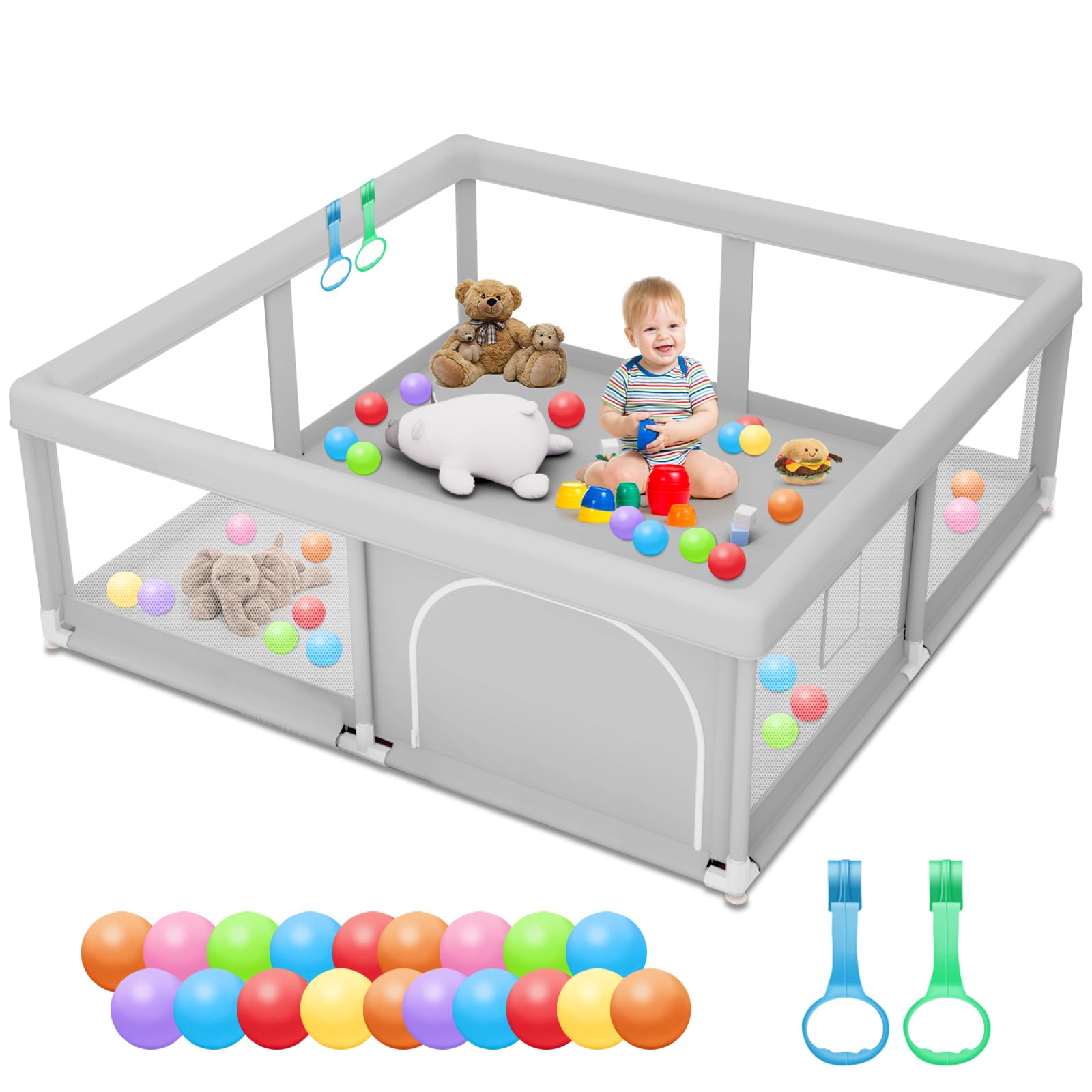 Baby Playpen with Balls and Pull Rings for Babies and Toddlers 50 x 50 inch, Play Yards Indoor, Sturdy Safety Play Pen with Soft Breathable Mesh, Baby Fence