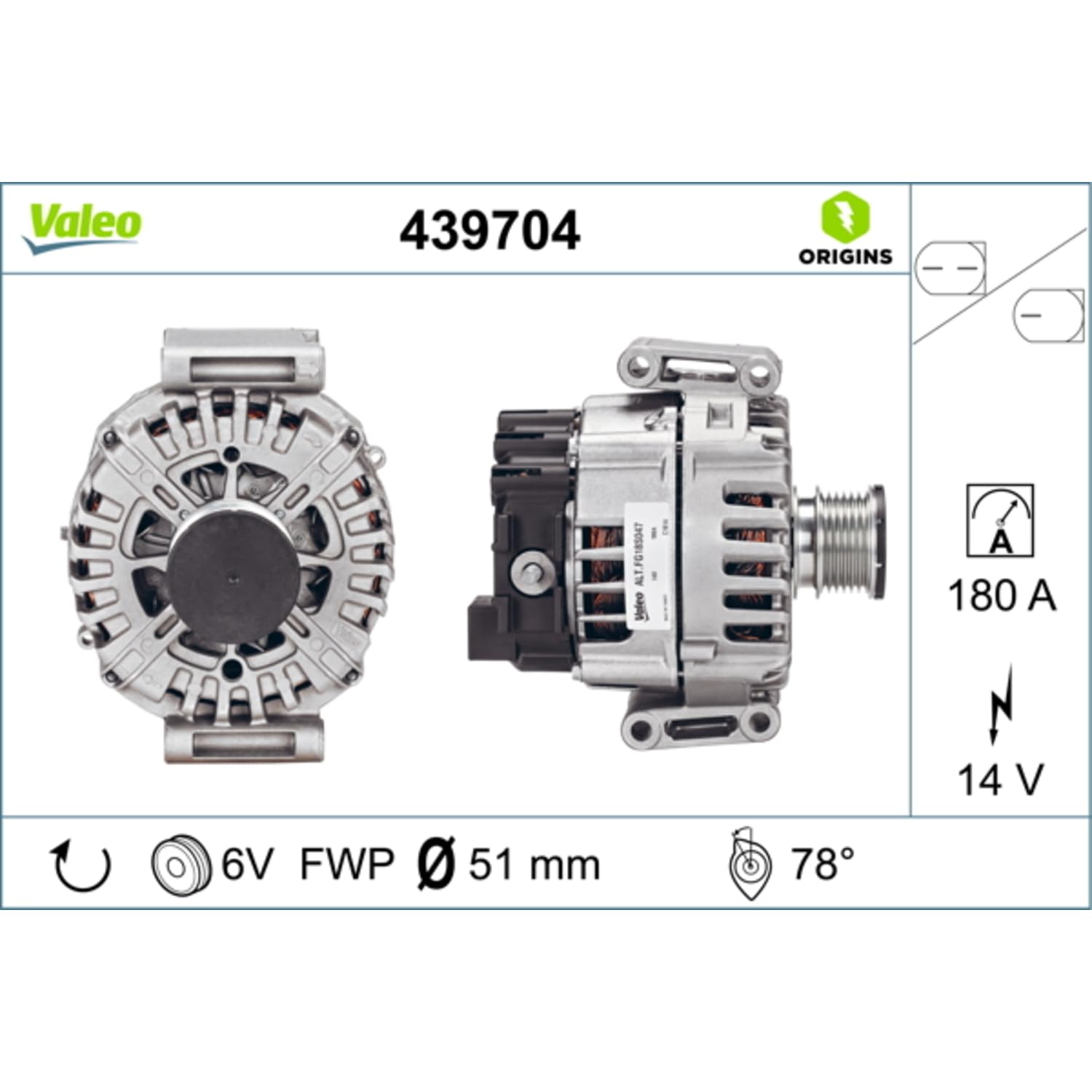 Valeo Alternator 439704 - 180 Amp - 6 Rowki - 14 V