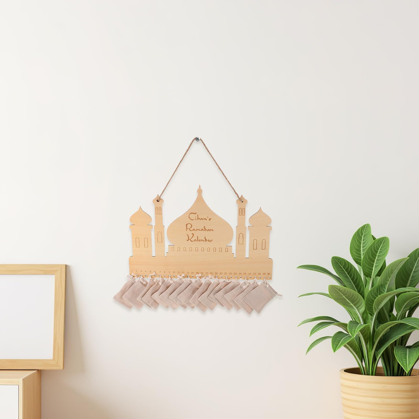 TOYANDONA Calendario Avvento in Legno con 30 Tasche Conto alla Rovescia per Eid Mubarak Decorazione da Muro per Bambini