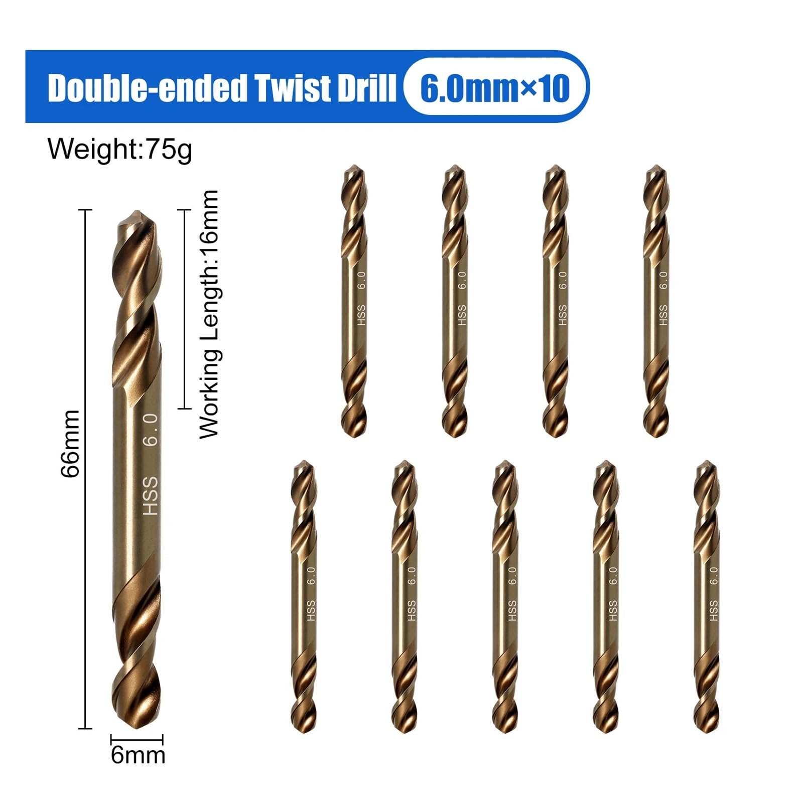 Punta elicoidale a doppia estremità rivestita in co M35 for foratura affilata in ghisa, acciaio inossidabile, metallo, legno Adatto per metalli e acciaio(6mm 10PCS)
