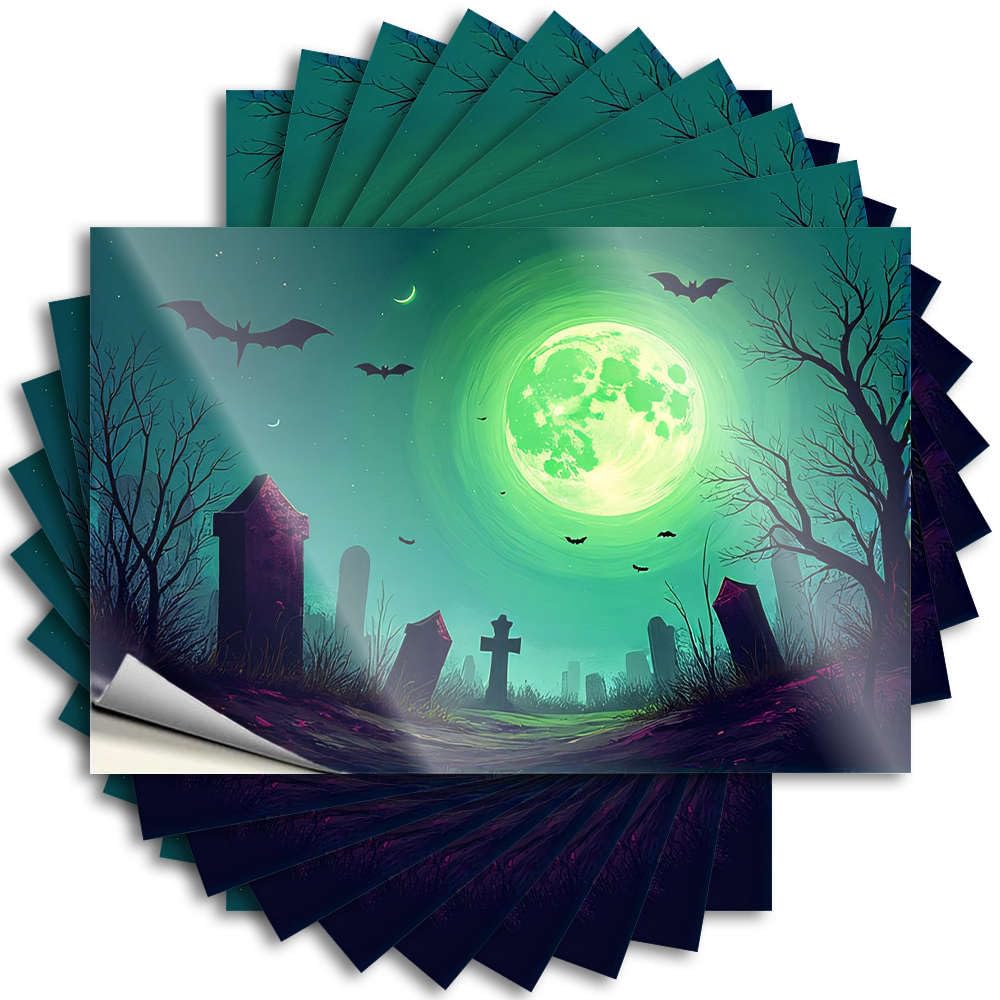 A Spooky Graveyard Under A Giant Green Moon Funny Sticker Fall Door Decorations Self Adhesive | Book Bottle Vinyl Sticker Pack for Billiards(8X12CM)