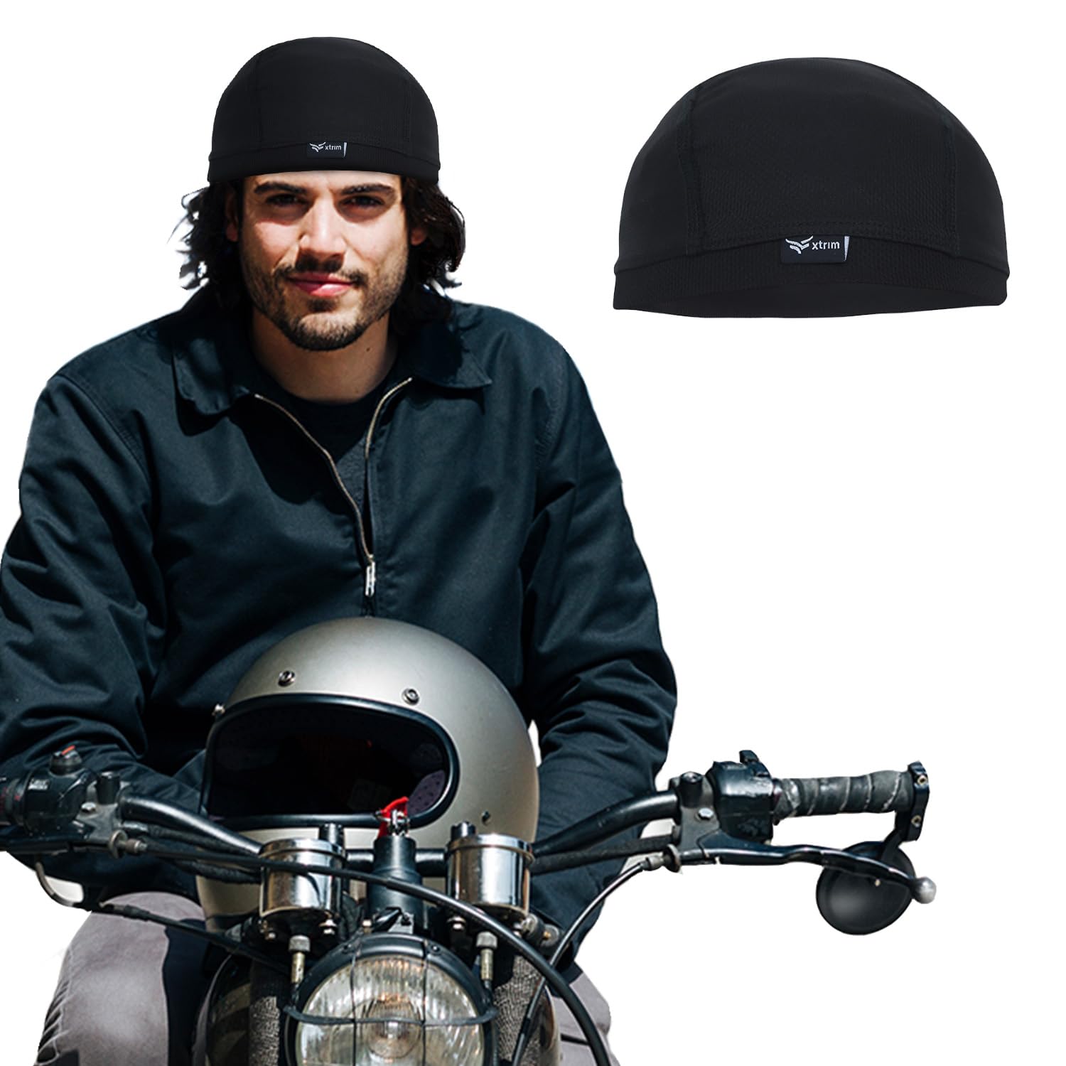 XTRIM Unisex Helmet Skull Cap for Bikers & Cyclists, Cotton Head Cap, Hair Inner Helmet Cover Cap for Men, Sweat Cooling for Women, Skull Cap for Summer (Black, One Size Fits All)