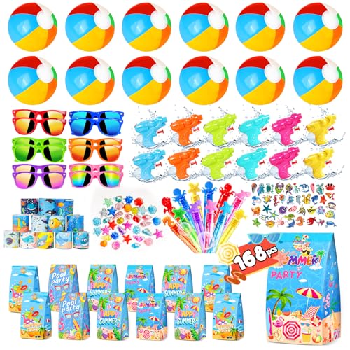 Pool Party Favors and Beach Party Favors 168pcs Summer Party Toys for Kids Including Beach Balls Sunglasses Bubble Wands Party Supplies for Summer Birthday Ages 4-8 8-12