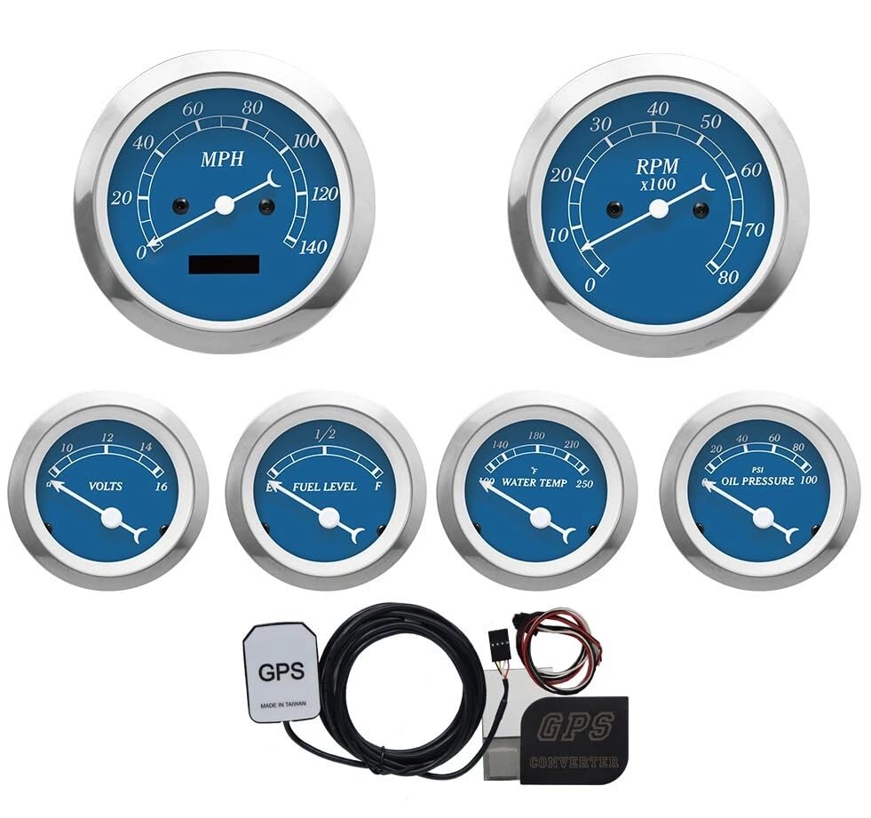 Image of Classic Electrical GPS 6 Gauge Set Blue Dial White Ndl. | GPS Sensor Signal, 85mm, 3-3 /8 inch, 52mm, 2-1 /16 inch, Speedometer Digital Odometer, Light Bulb Illumination, Car, Automobile
