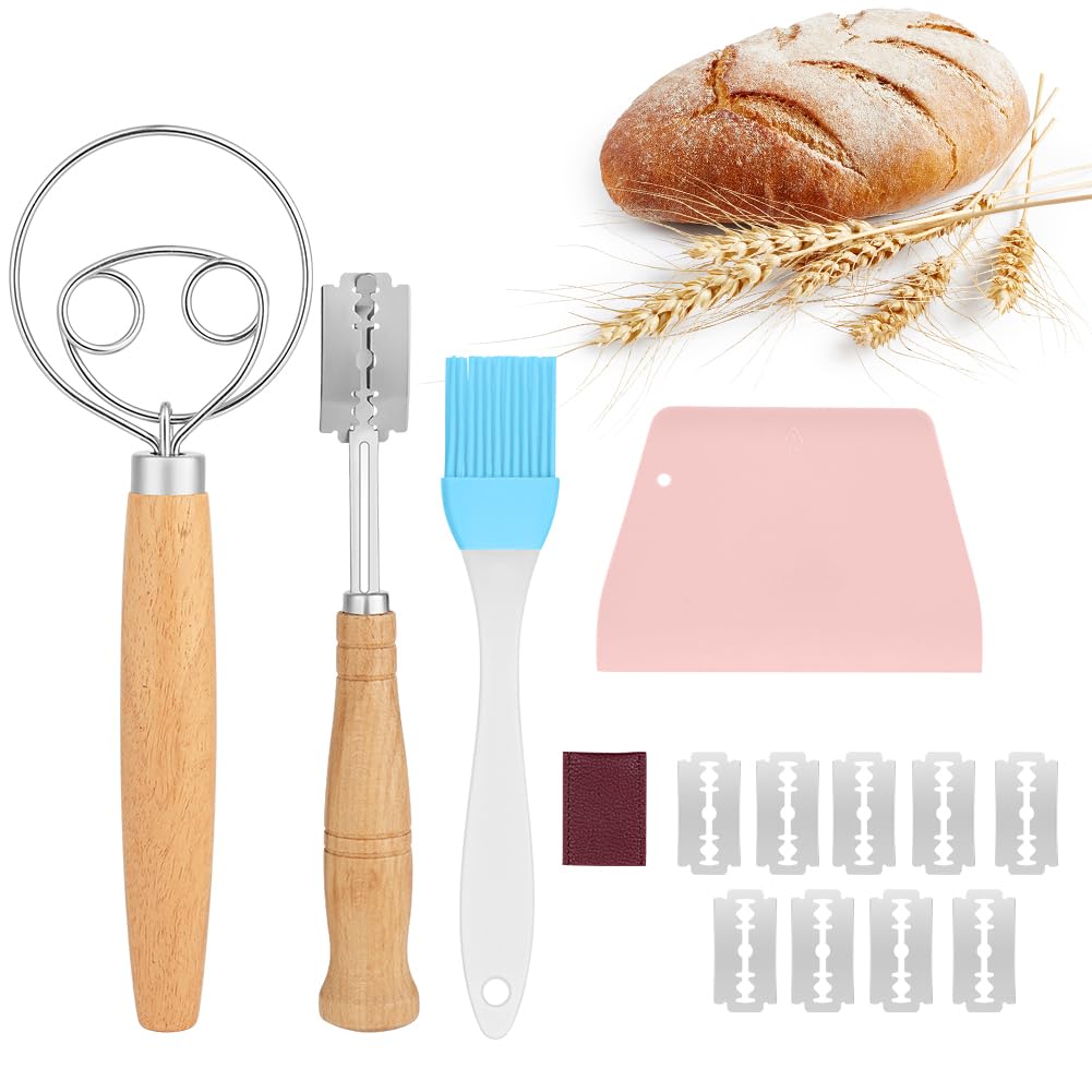 OSDUE Bäckermesser Set, Dänischer Schneebesen Teigmesser für Gerade Geschwungene Schnitte,Brot Einschneidemesser mit 10 Ersatzklingen,Teig Rasiermesser, Backpinsel für Baguette Brötchen Backen