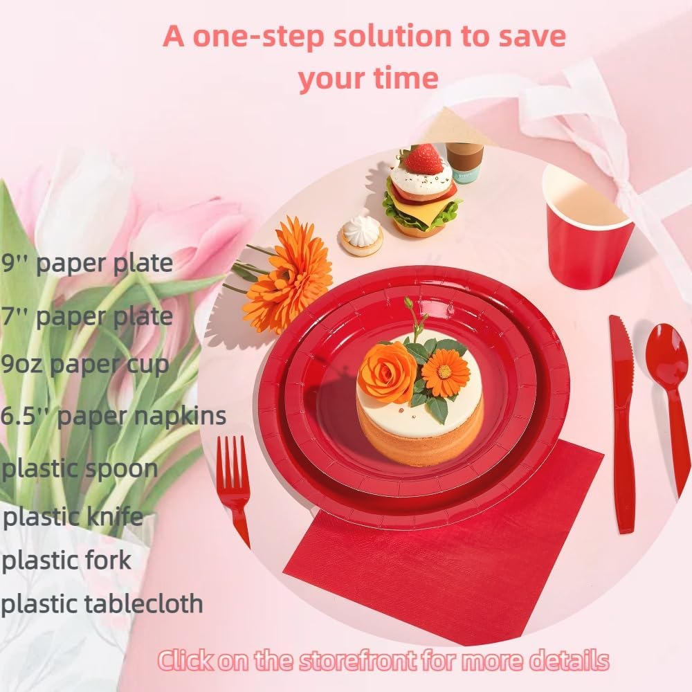 Ottin 50-pack Red Valentine's Paper Dessert Plates 7'' Disposable Appetize Cake Plates for Birthday Wedding Party Snacks Daily Use, President's Day, Mother's Day, Memorial Day