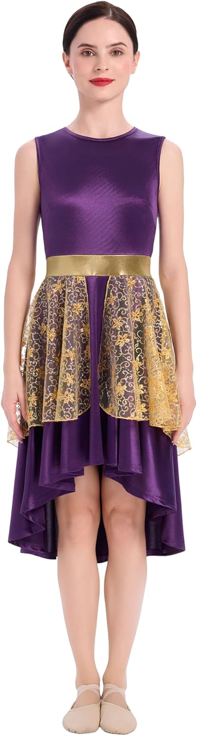 AFAVOM Praise Dance Dresses for Women Metallic Embroidered Peplum Overlay Satin Asymmetric Tunic Liturgical Worship Dancewear