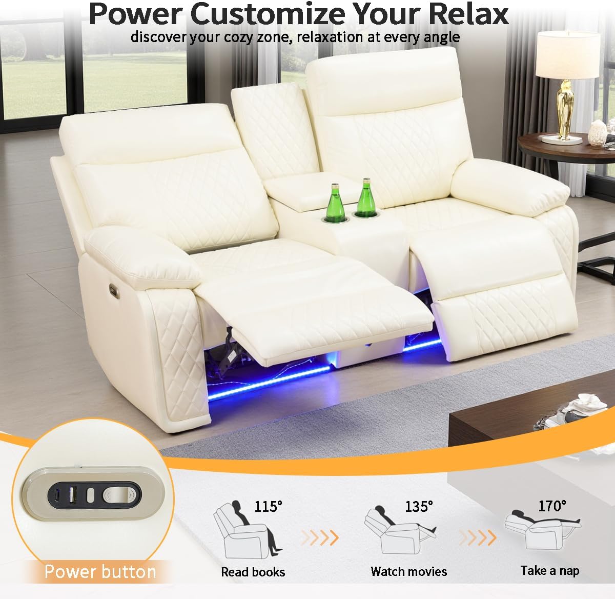 Living Room Furniture Sets with LED Light, Power Recliner Sofa Set, Leather Sectional Sofa and Loveseat Set, Power Reclining Couch Sets with Storage Console/Cup Holder for Living Room