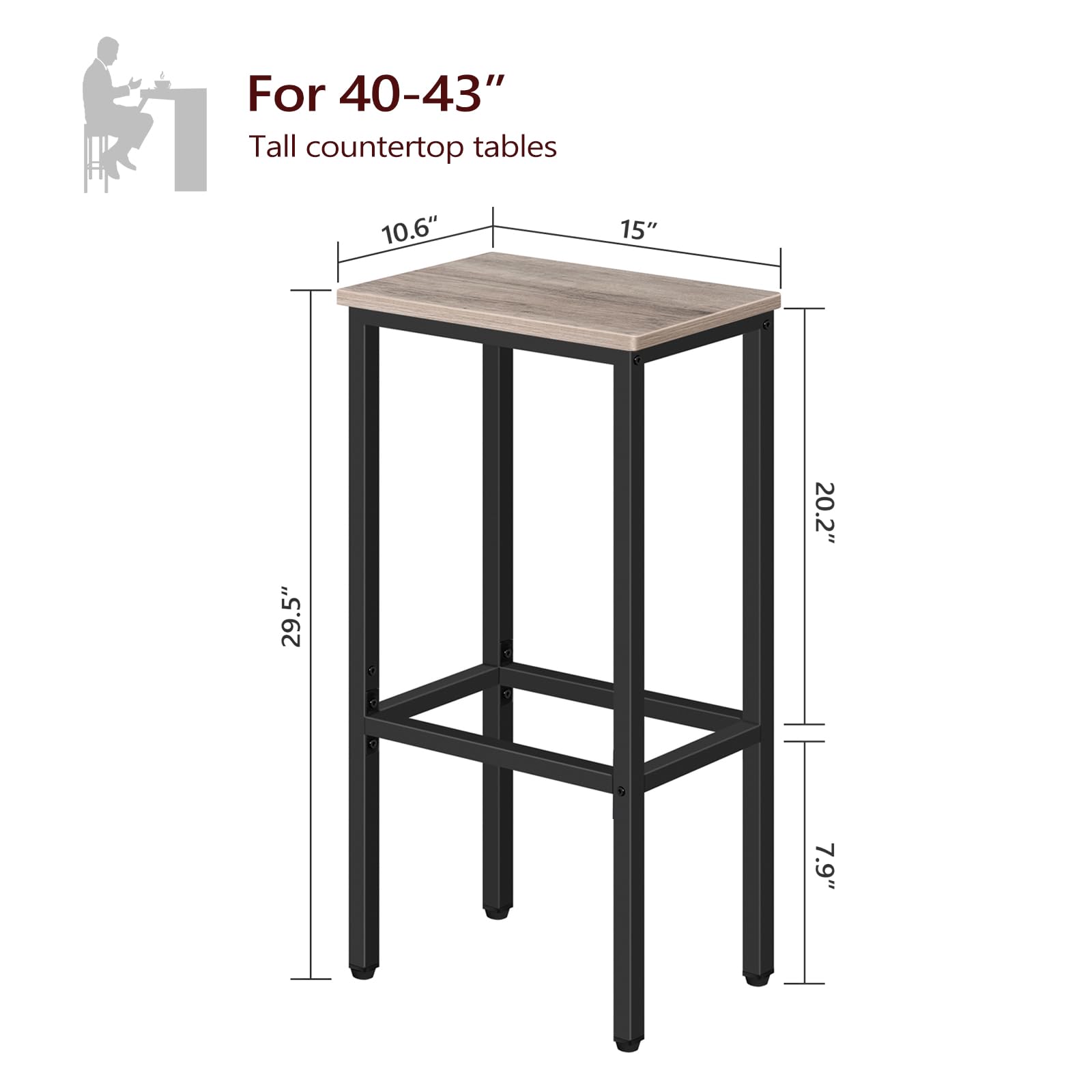 MAHANCRIS Set of 2 Bar Stools, 29.5" Tall Counter Bar Stools, Kitchen Breakfast Bar Stools with Footrest, Rectangular Industrial Bar Chairs, for Dining Room, Bar, Greige and Black BAHG01701