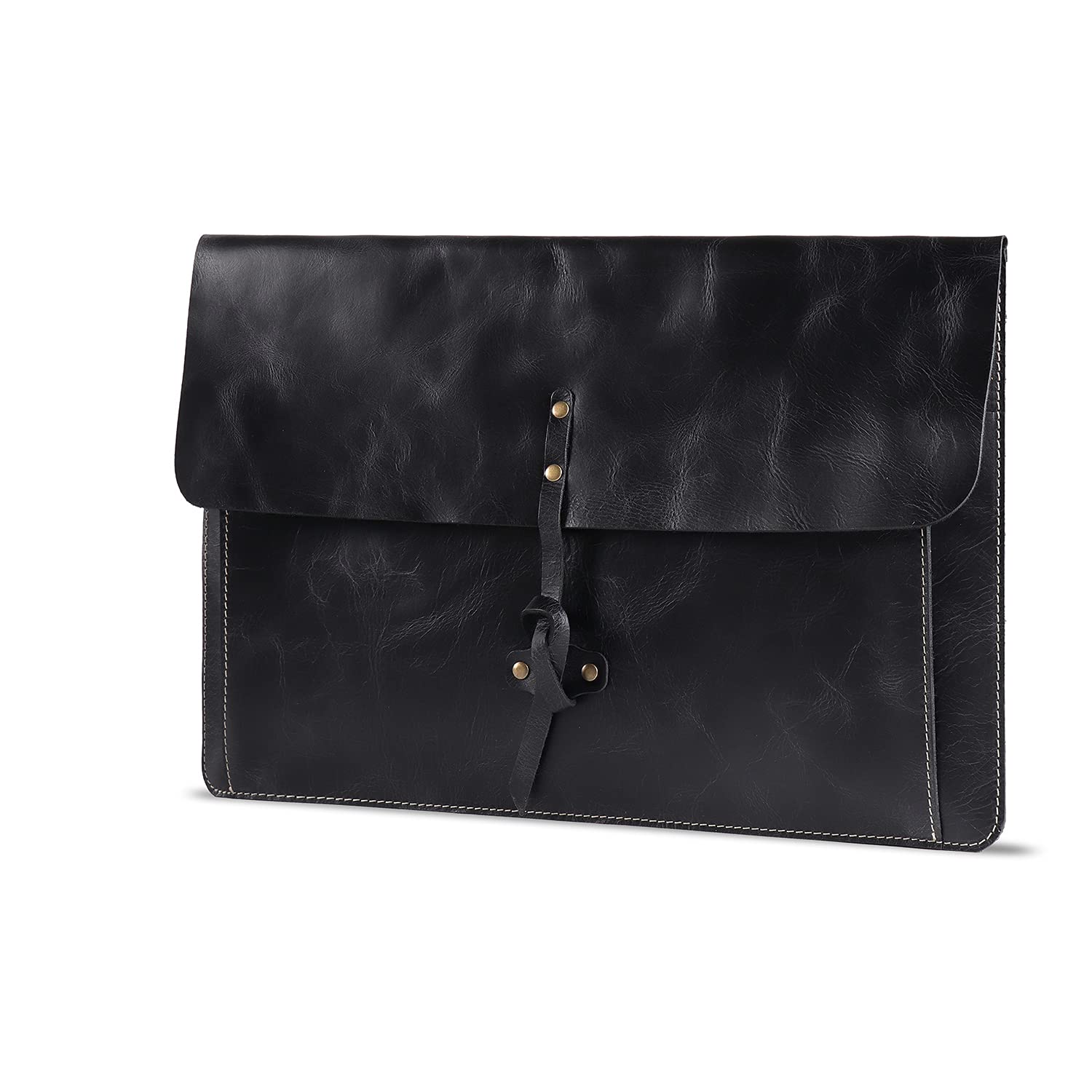 Londo - Etui MacBook Pro z Prawdziwej Skóry Licowej z Przednią Kieszenią i Zapięciem na Klapkę - Czarny, 15-16 Inches, Solidny