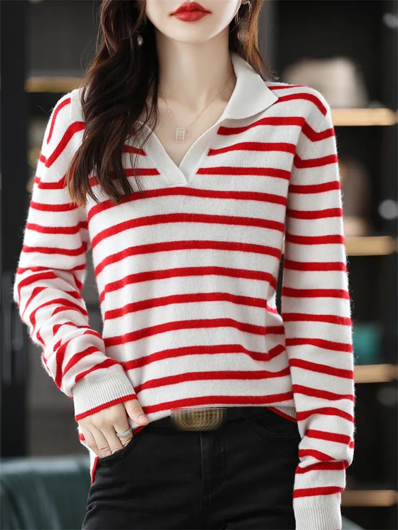 Dninmim Maglione da donna in lana con collo a polo, per autunno e inverno, casual, a righe