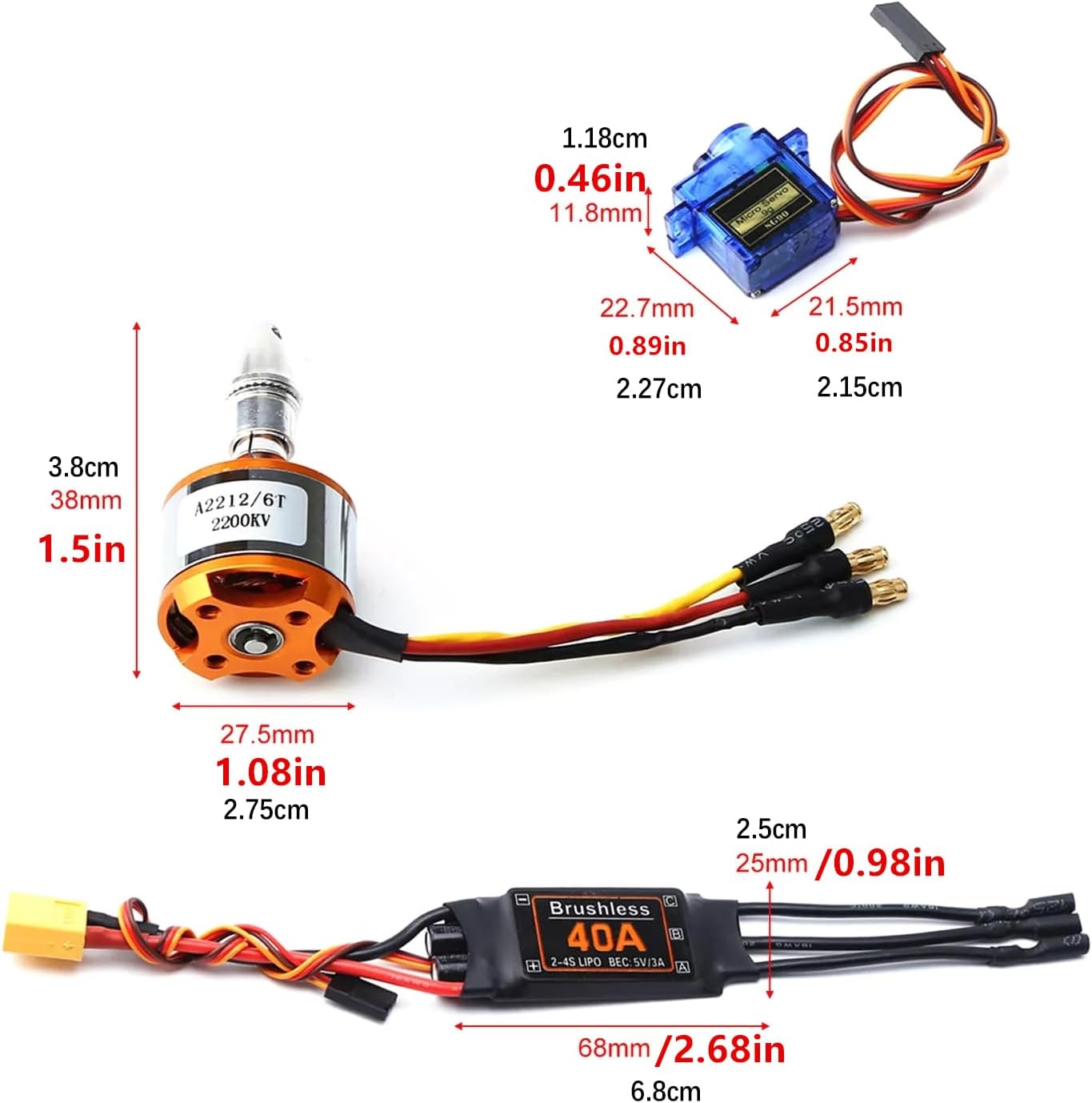 Diagram showing dimensions of motor, ESC, and servo