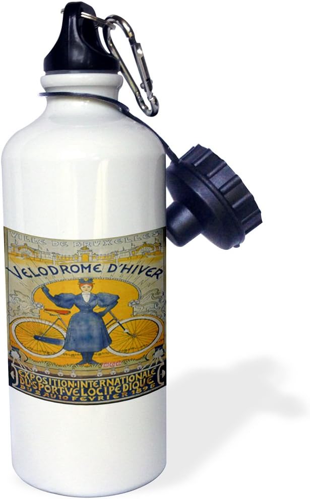 3dRose "Ville de Bruxelles Velodrome D Hiver Exposition International 1895 Bicycle Poster" Sports Water Bottle, 21 oz, White