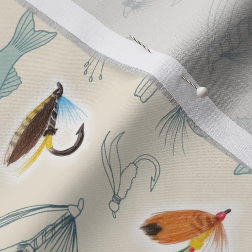 Spoonflower Fabric - Fishing Cream Medium Scale Lure Fly Drawing Fish Hook Printed on Organic Cotton Sateen Fabric by The Yard - Sewing Quilting Apparel Home Decor