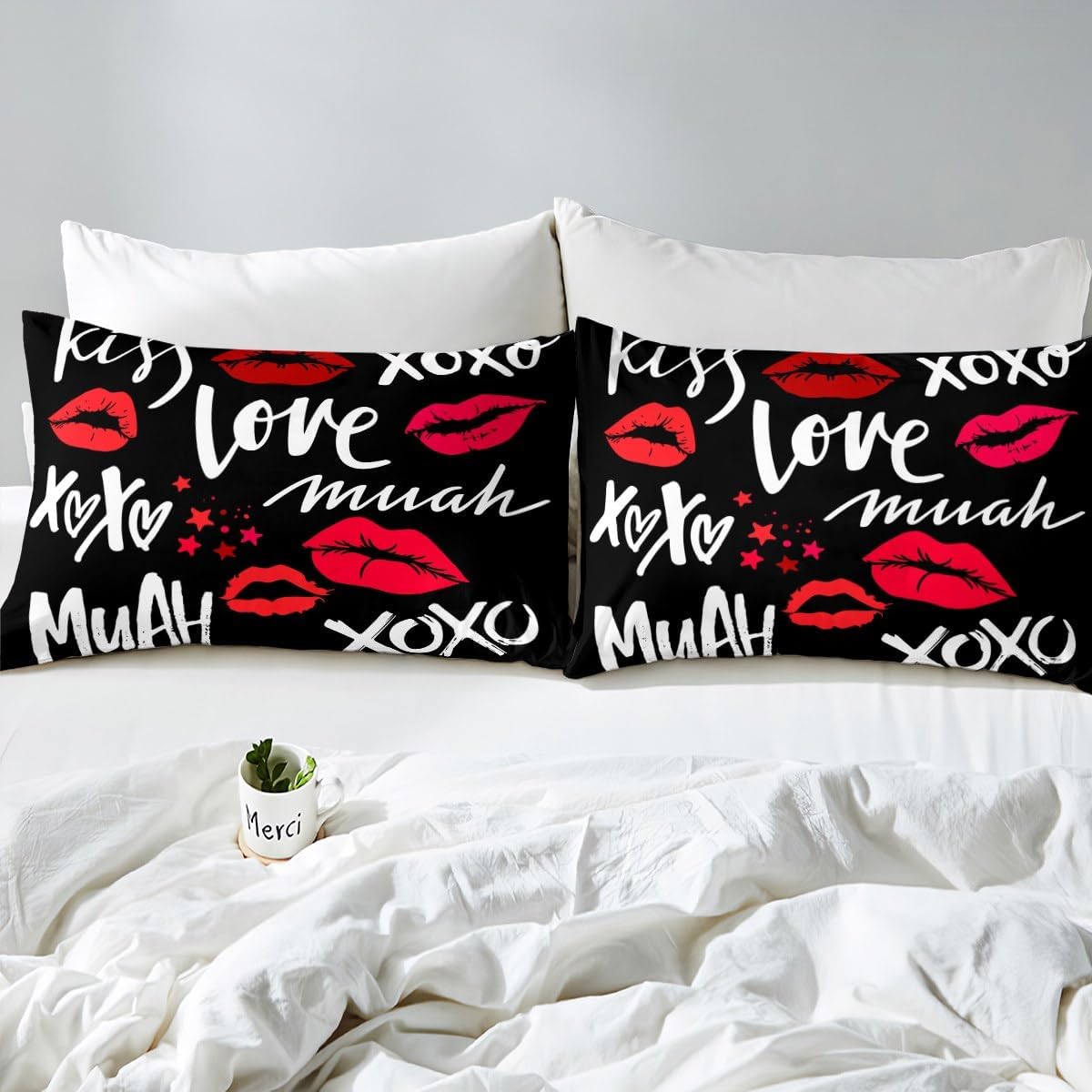 Castle Fairy Kids Red Lips Print Fitted Sheet Twin Size,Kiss Couple Lover Theme Sheet Set for Kids Boys Present,Heart Shape Black Bedding Set with 1 Pillowcase, Soft Fabric All-Round Elastic Pocket